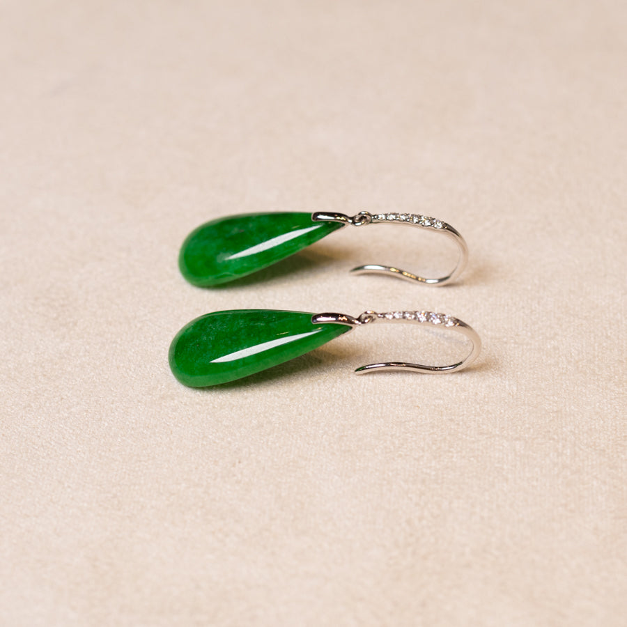 Gransky 18K White Gold and Diamonds Green Jade Drop Earrings