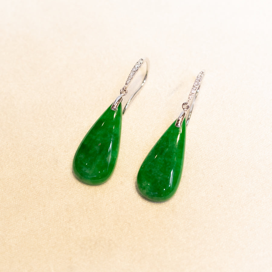 Gransky 18K White Gold and Diamonds Green Jade Drop Earrings