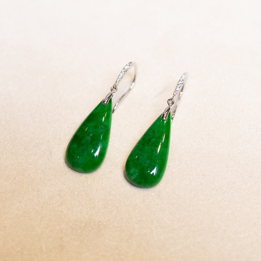 Gransky 18K White Gold and Diamonds Green Jade Drop Earrings