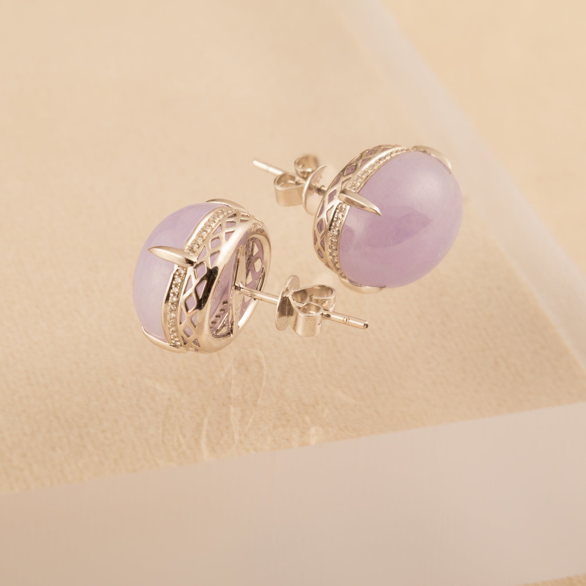 Exquisite Purple Cabochon Jadeite Stud 18K White Gold Earrings – Authentic Burmese Jadeite