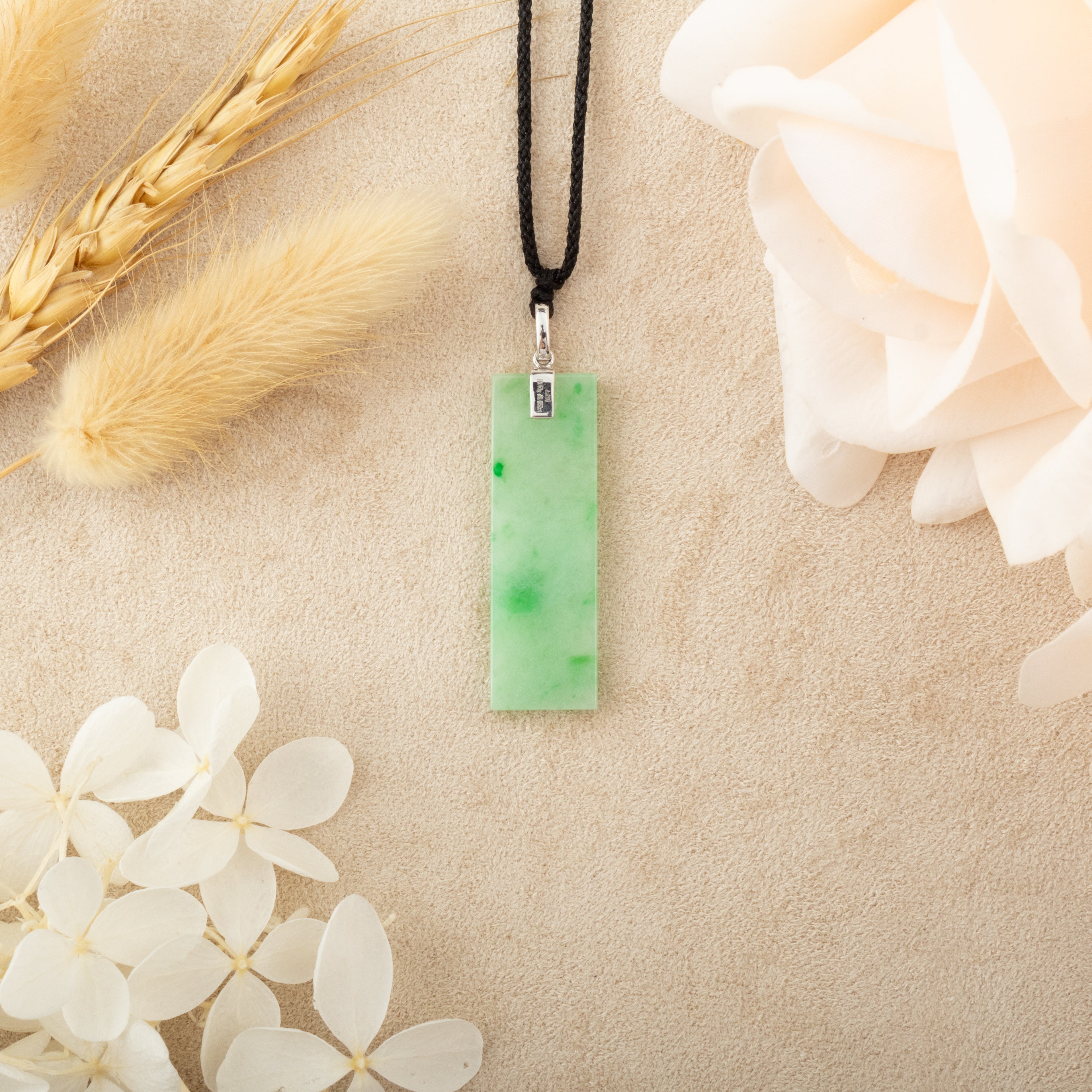 Green Jade Rectangular Pendant 18k White Gold Bail and Diamonds Grade A Burmese