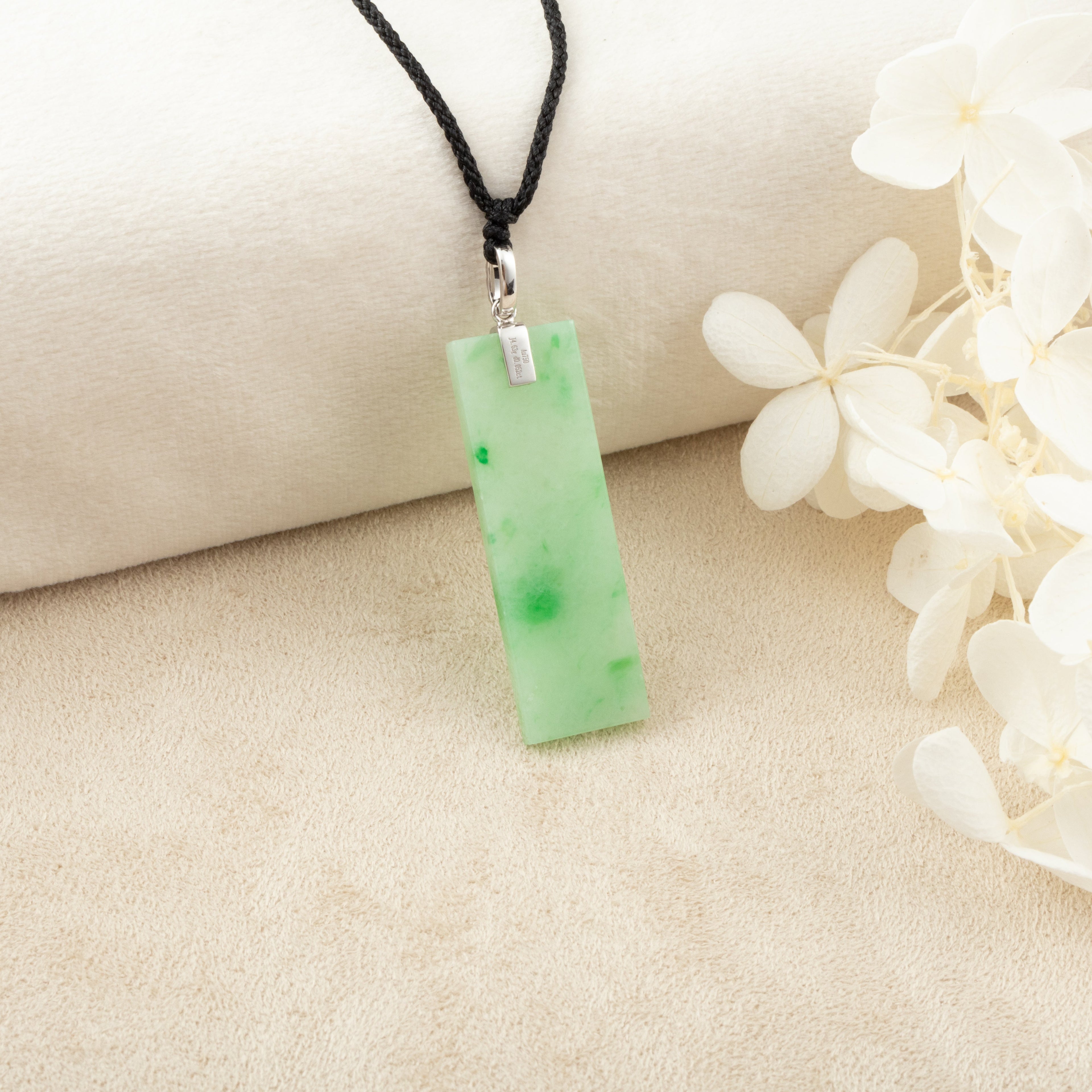 Green Jade Rectangular Pendant 18k White Gold Bail and Diamonds Grade A Burmese