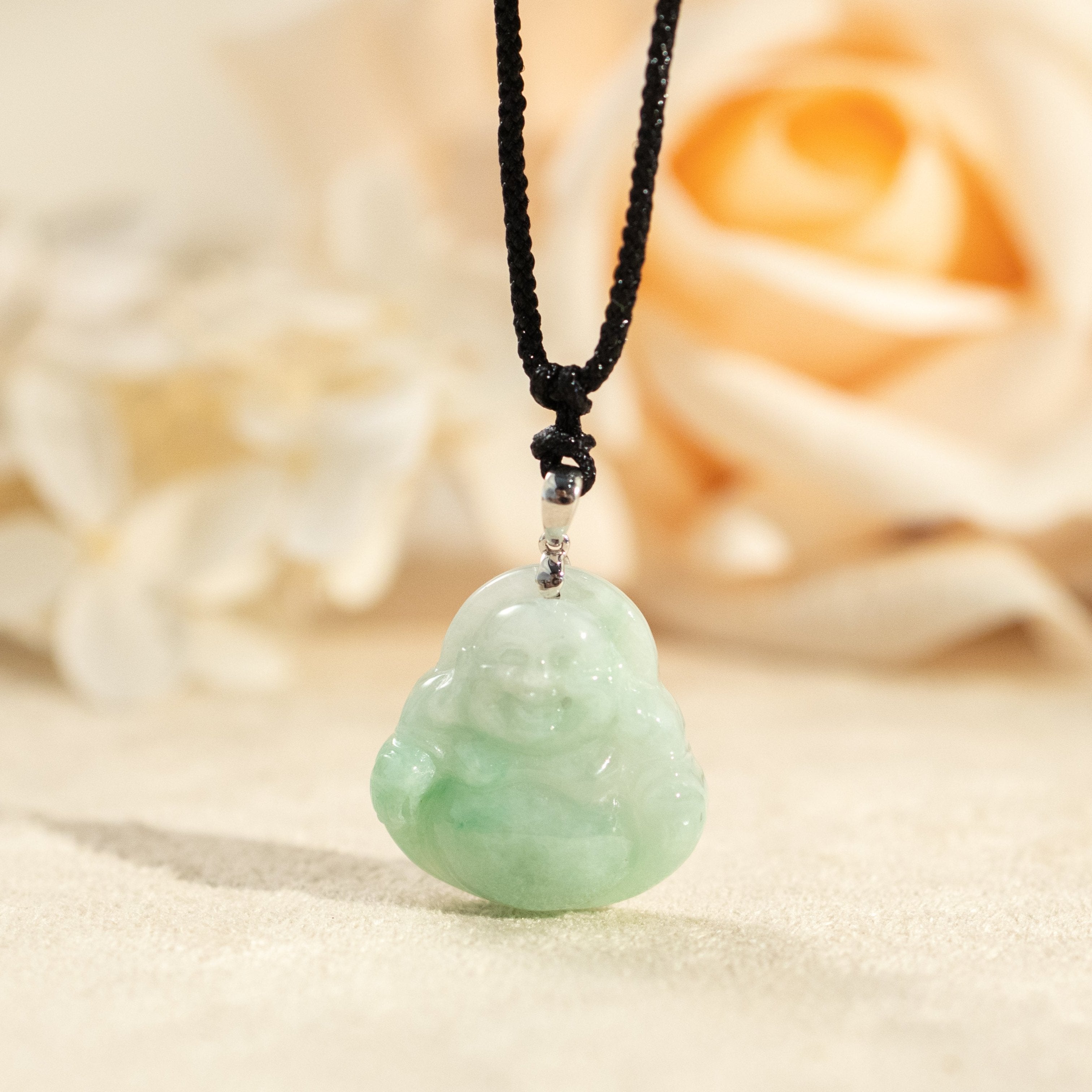 Green Jade Buddha Pendant with 18k Gold Bail - Symbol of Peace and Serenity