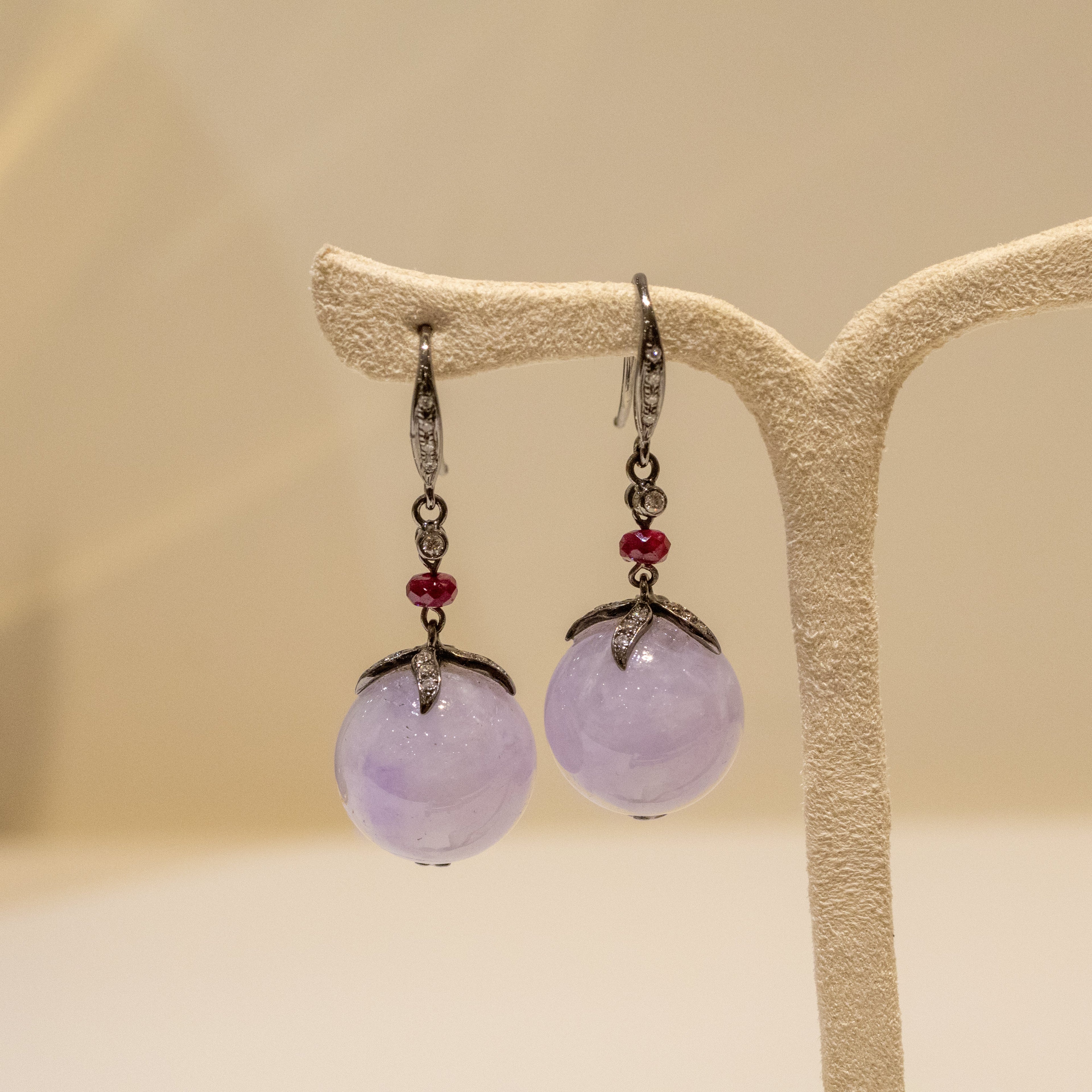 Gransky 18K Gold Lavender Jade Jewelry Purple Jade Bead Earrings with Rubies