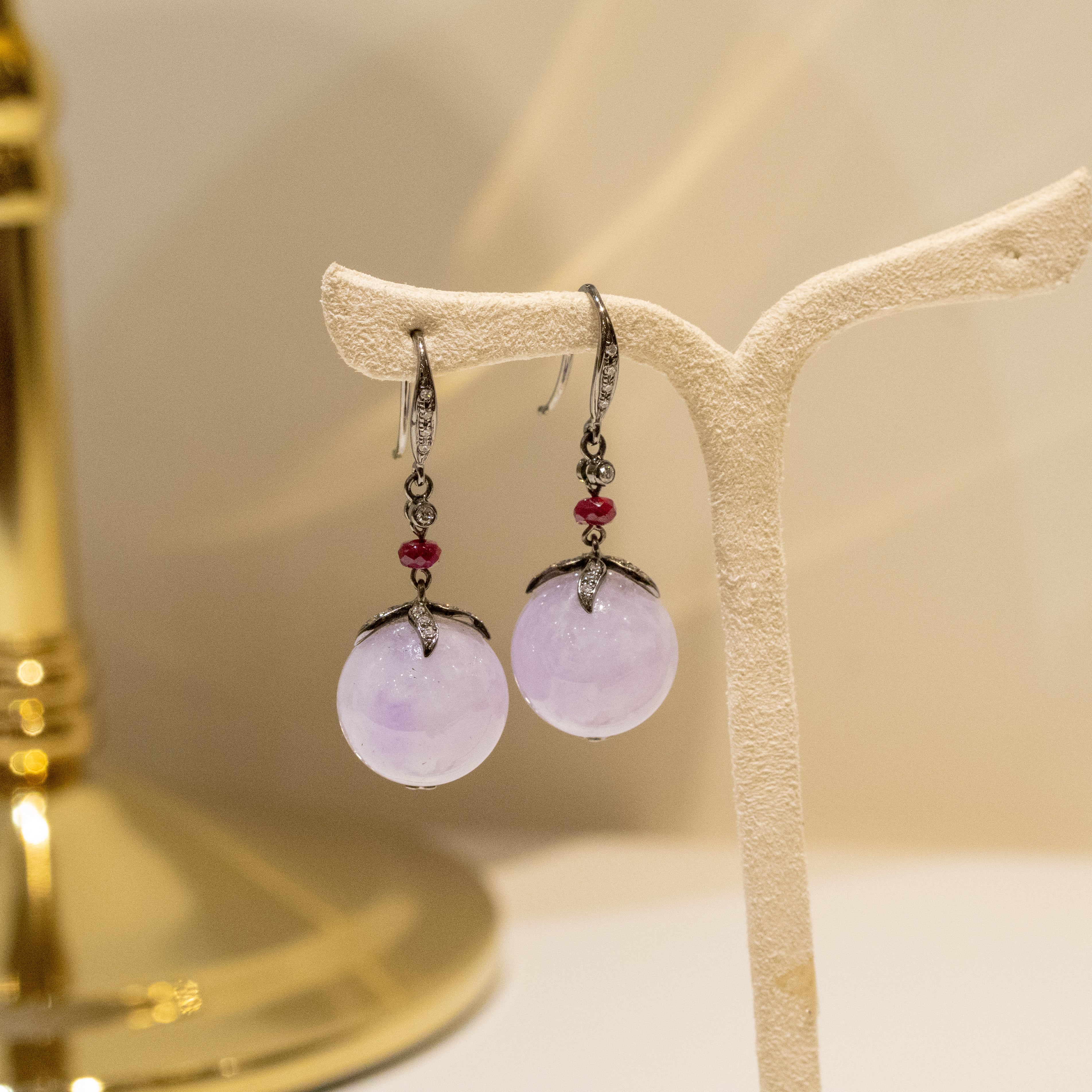Gransky 18K Gold Lavender Jade Jewelry Purple Jade Bead Earrings with Rubies
