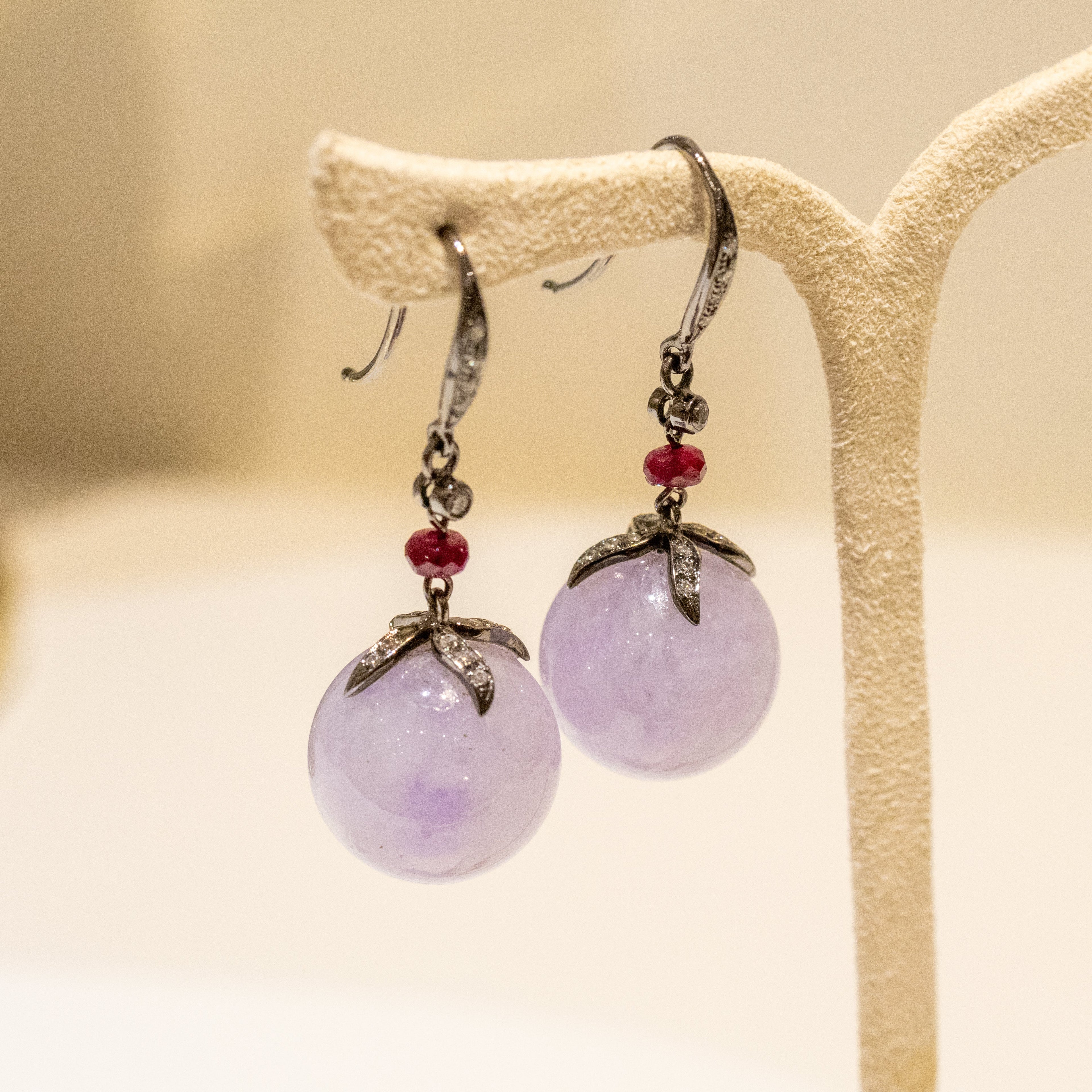 Gransky 18K Gold Lavender Jade Jewelry Purple Jade Bead Earrings with Rubies