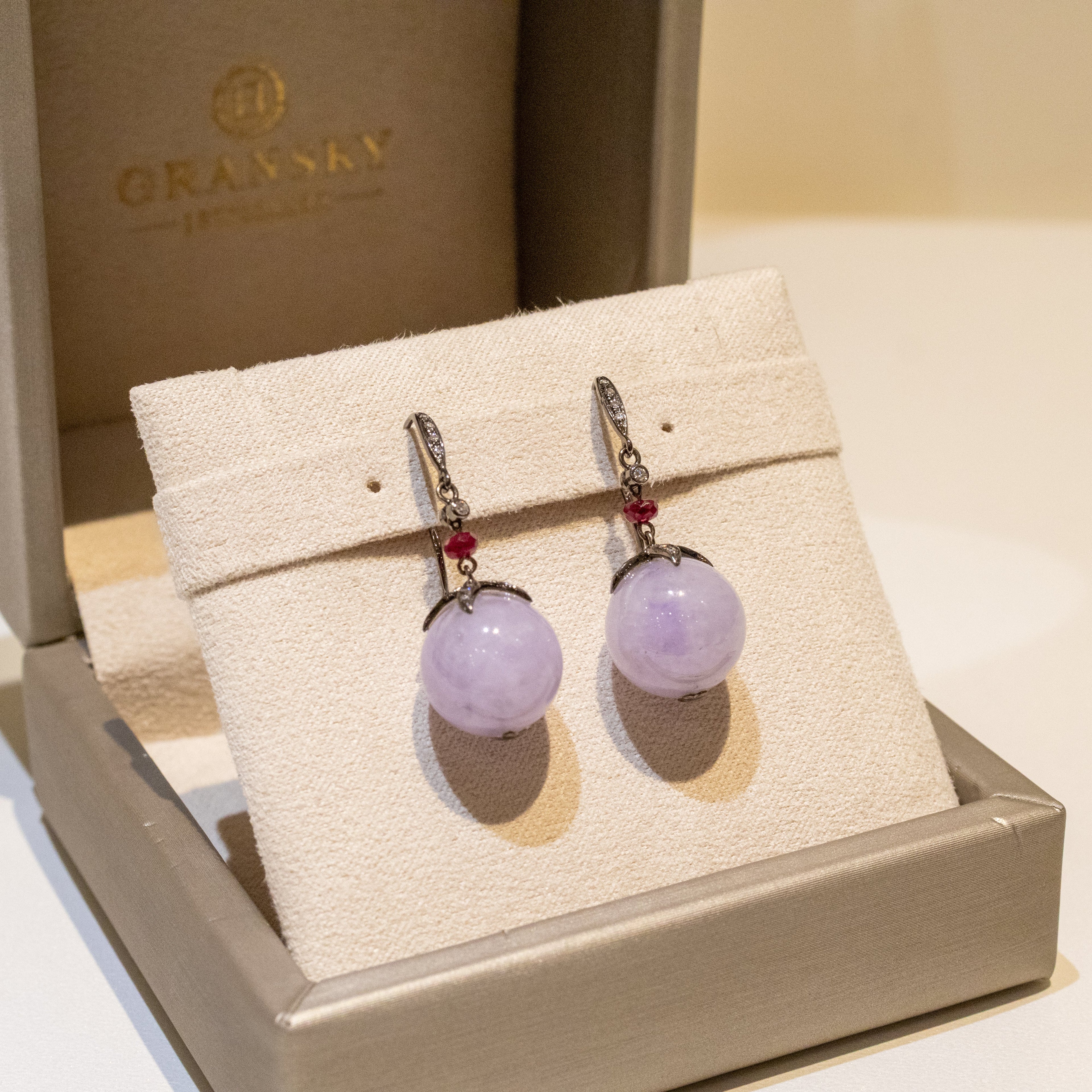 Gransky 18K Gold Lavender Jade Jewelry Purple Jade Bead Earrings with Rubies