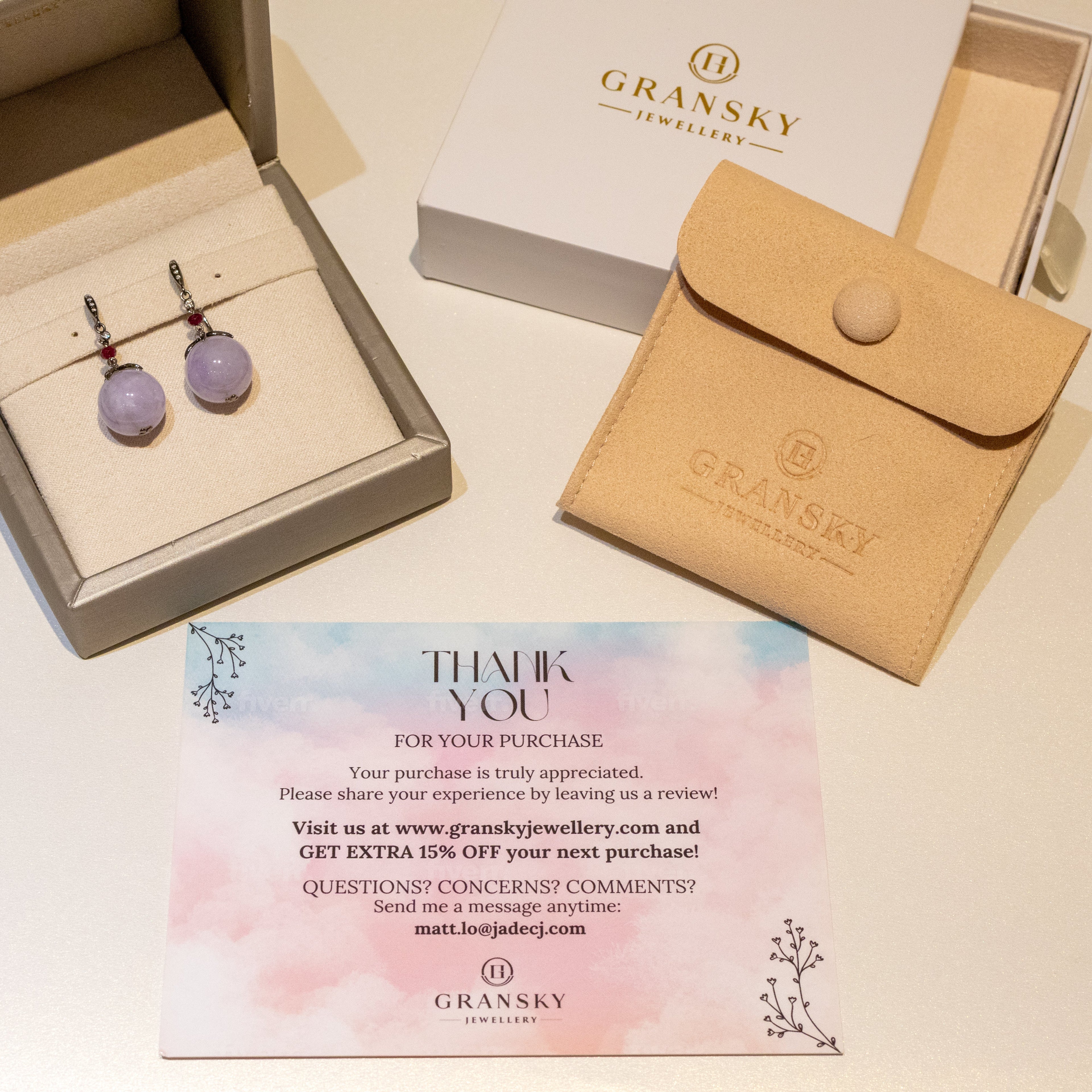 Gransky 18K Gold Lavender Jade Jewelry Purple Jade Bead Earrings with Rubies