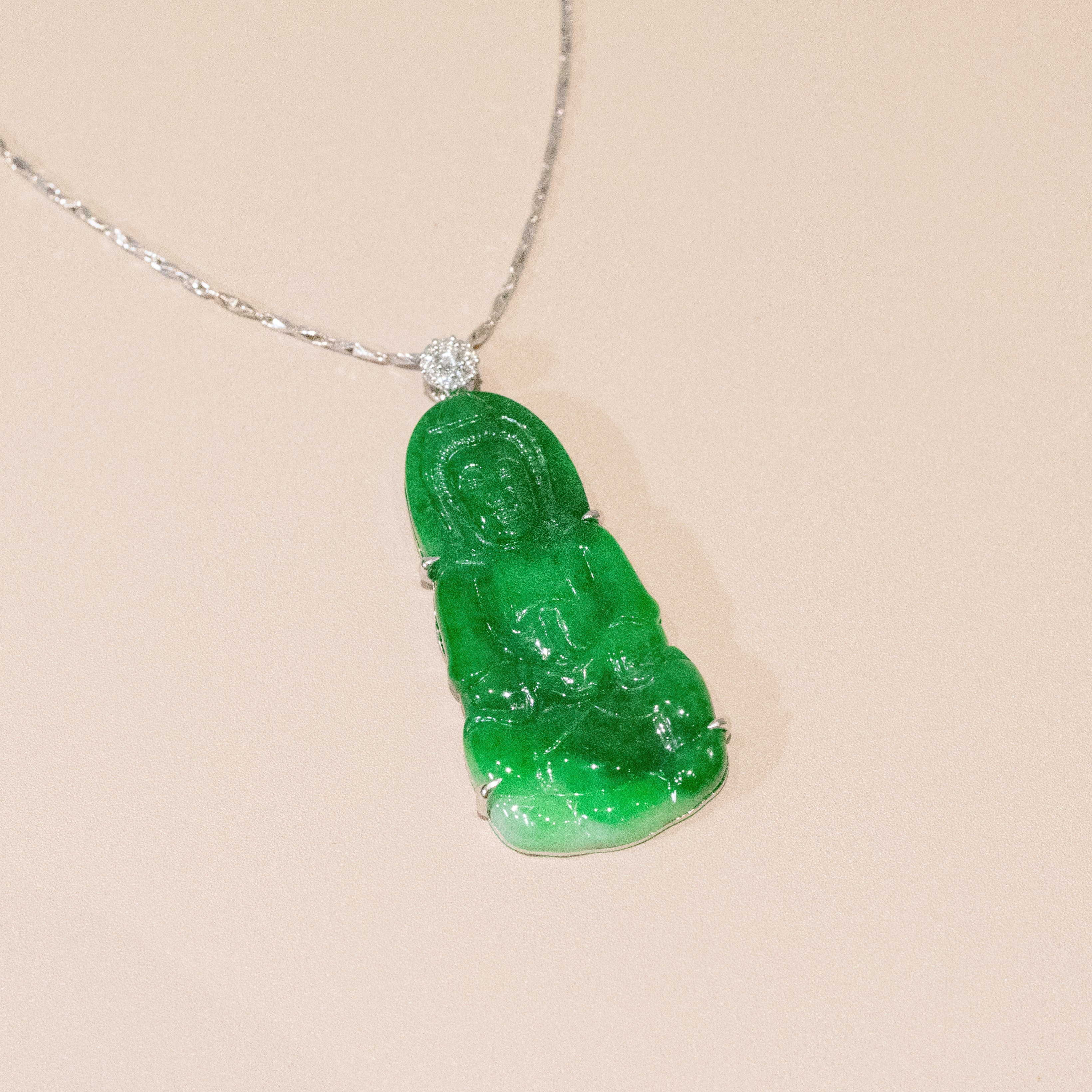 Gransky Handmade GuanYin Imperial Green Jade Pendant 18k White Gold and Diamonds