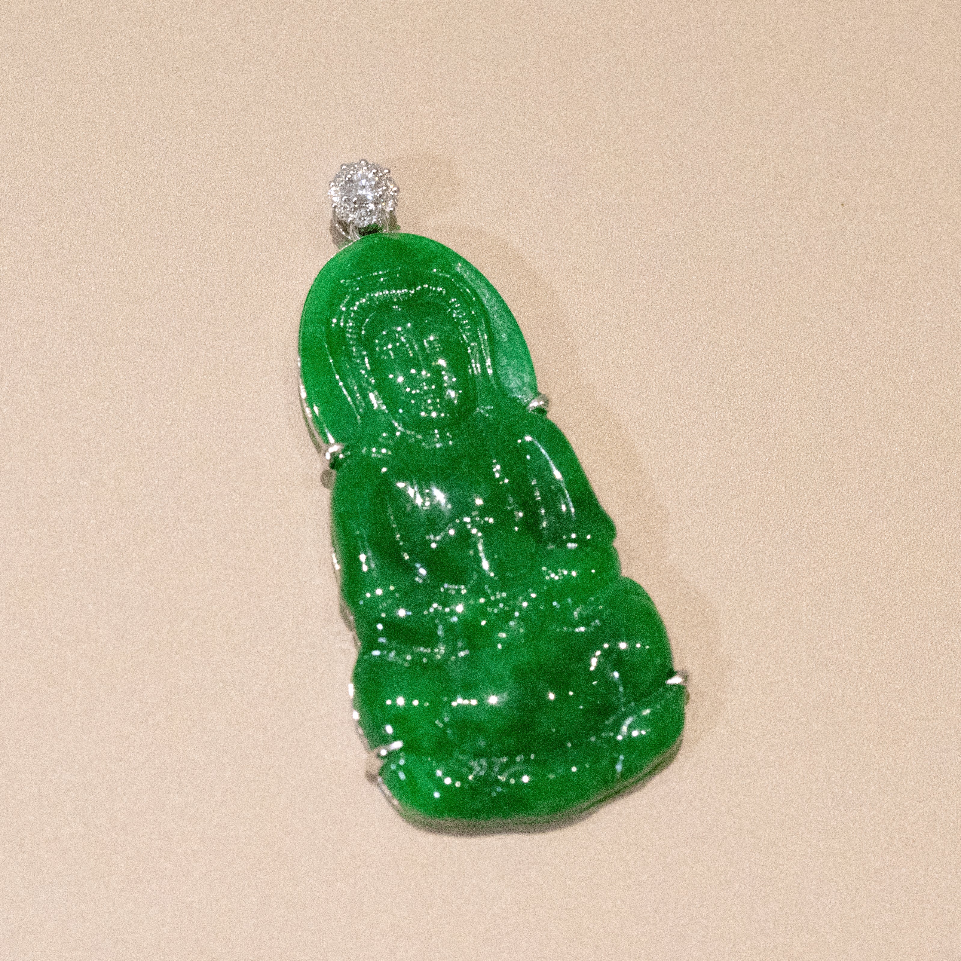 Gransky Handmade GuanYin Imperial Green Jade Pendant 18k White Gold and Diamonds