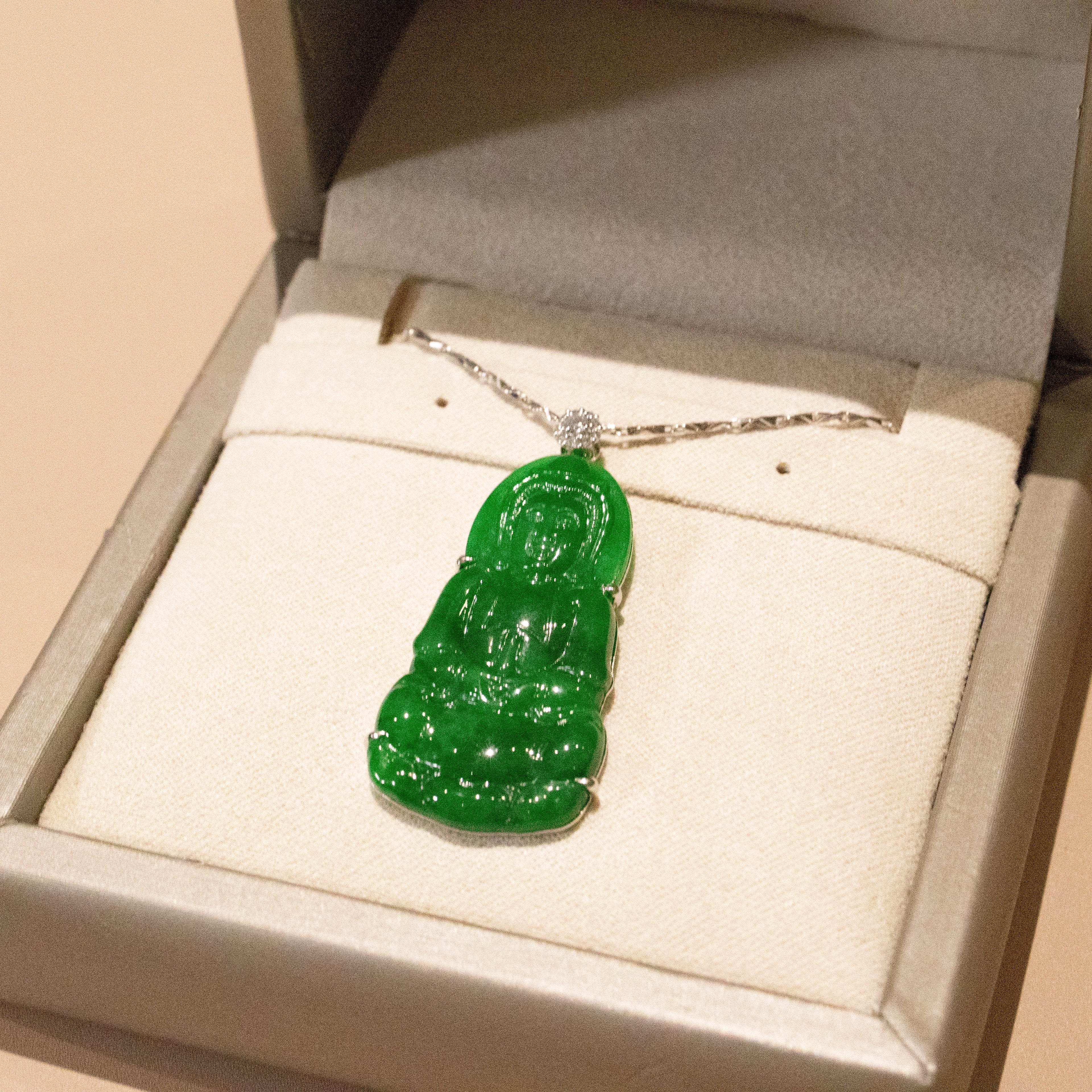 Gransky Handmade GuanYin Imperial Green Jade Pendant 18k White Gold and Diamonds