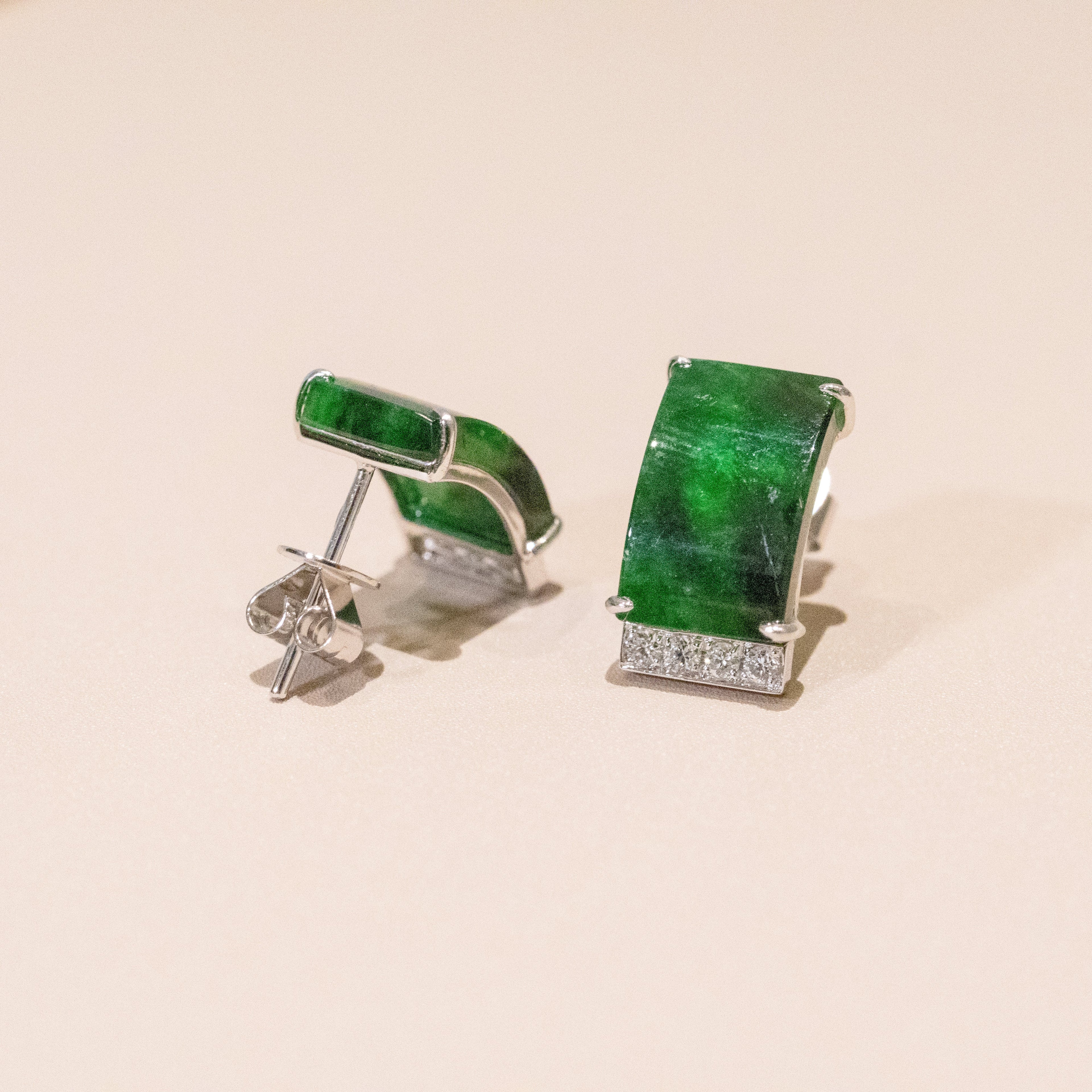 Gransky Rectangular Jade and Diamond Earrings in 18K White Gold