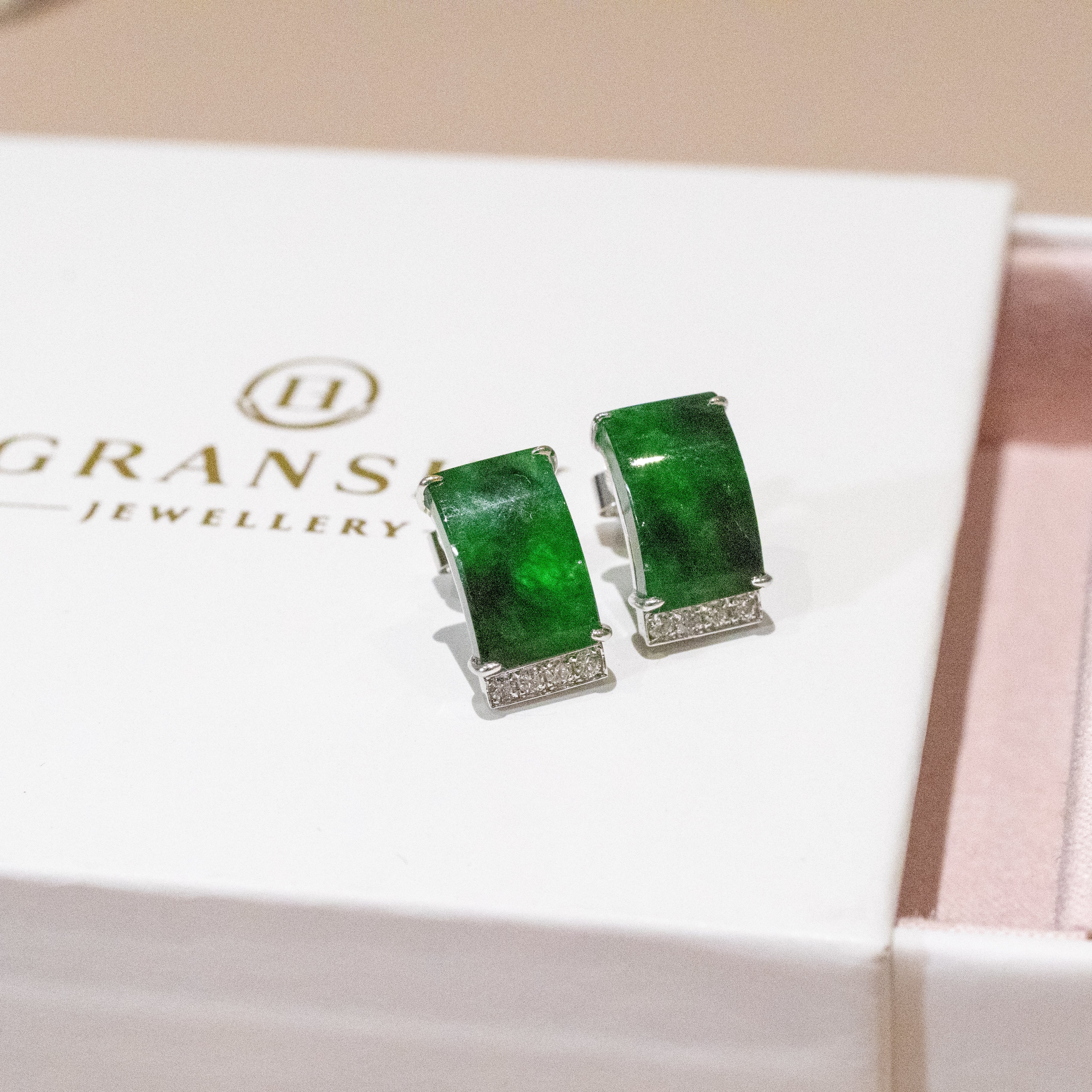Gransky Rectangular Jade and Diamond Earrings in 18K White Gold