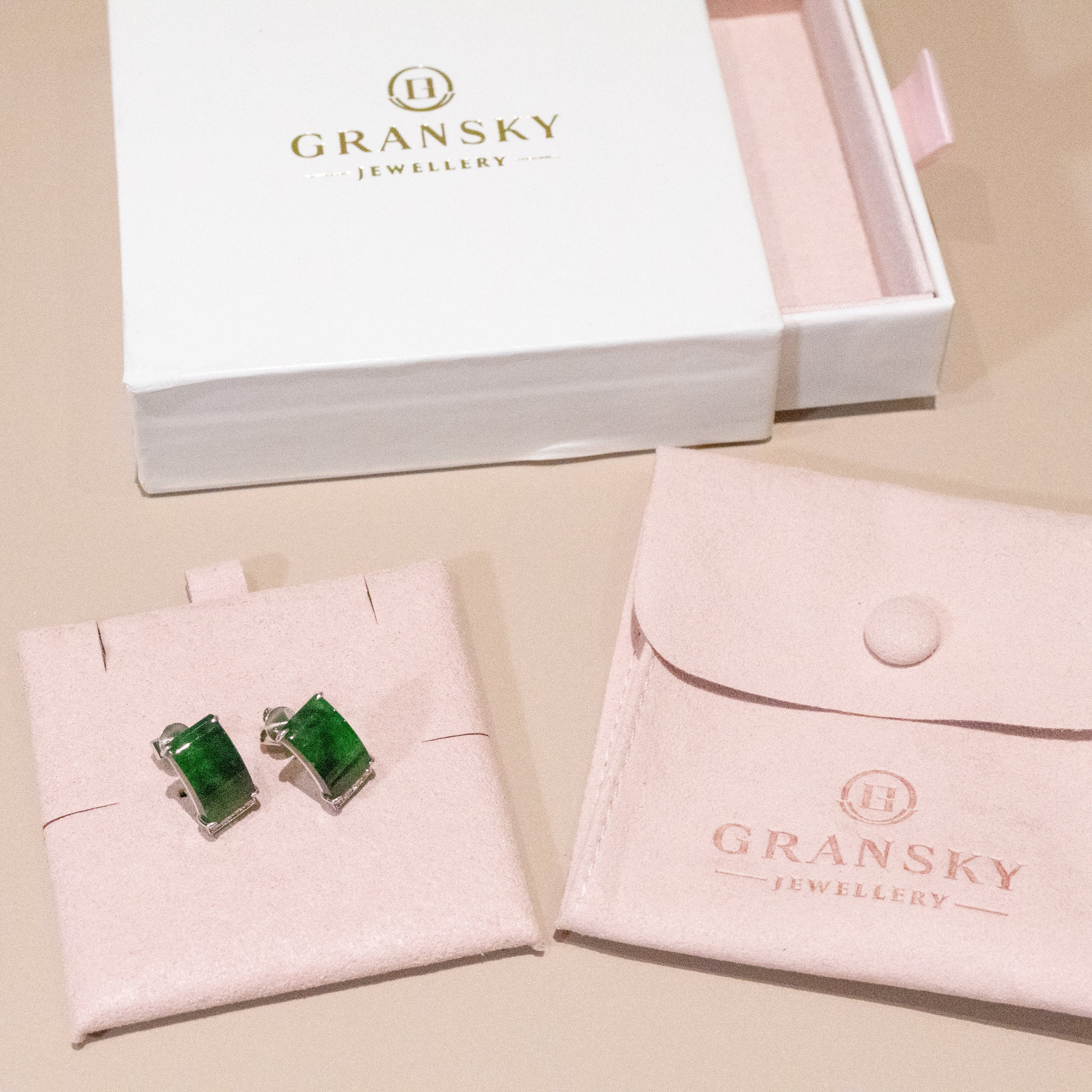 Gransky Rectangular Jade and Diamond Earrings in 18K White Gold
