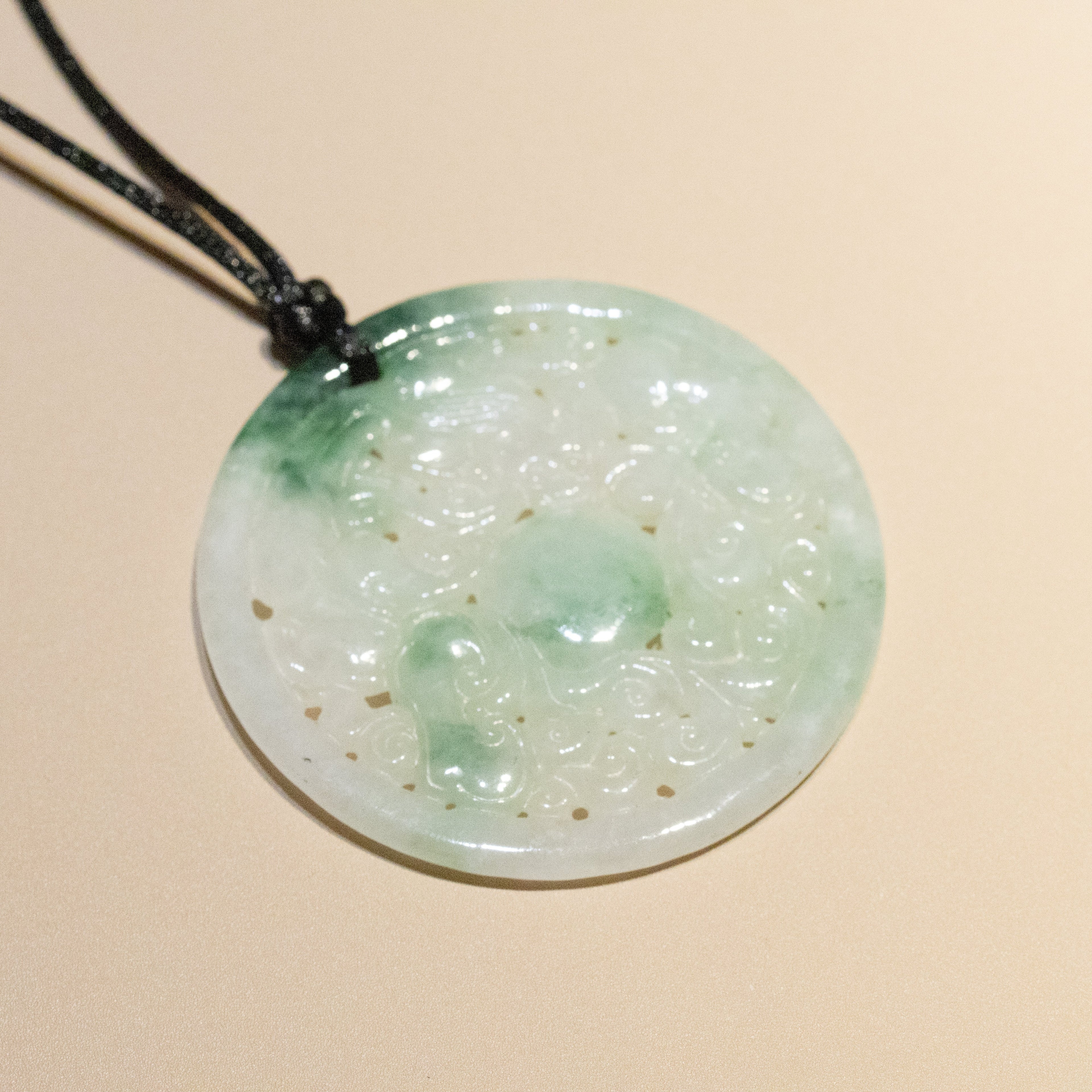 Genuine Green Jade Carved Dragon Round Pendant Necklace