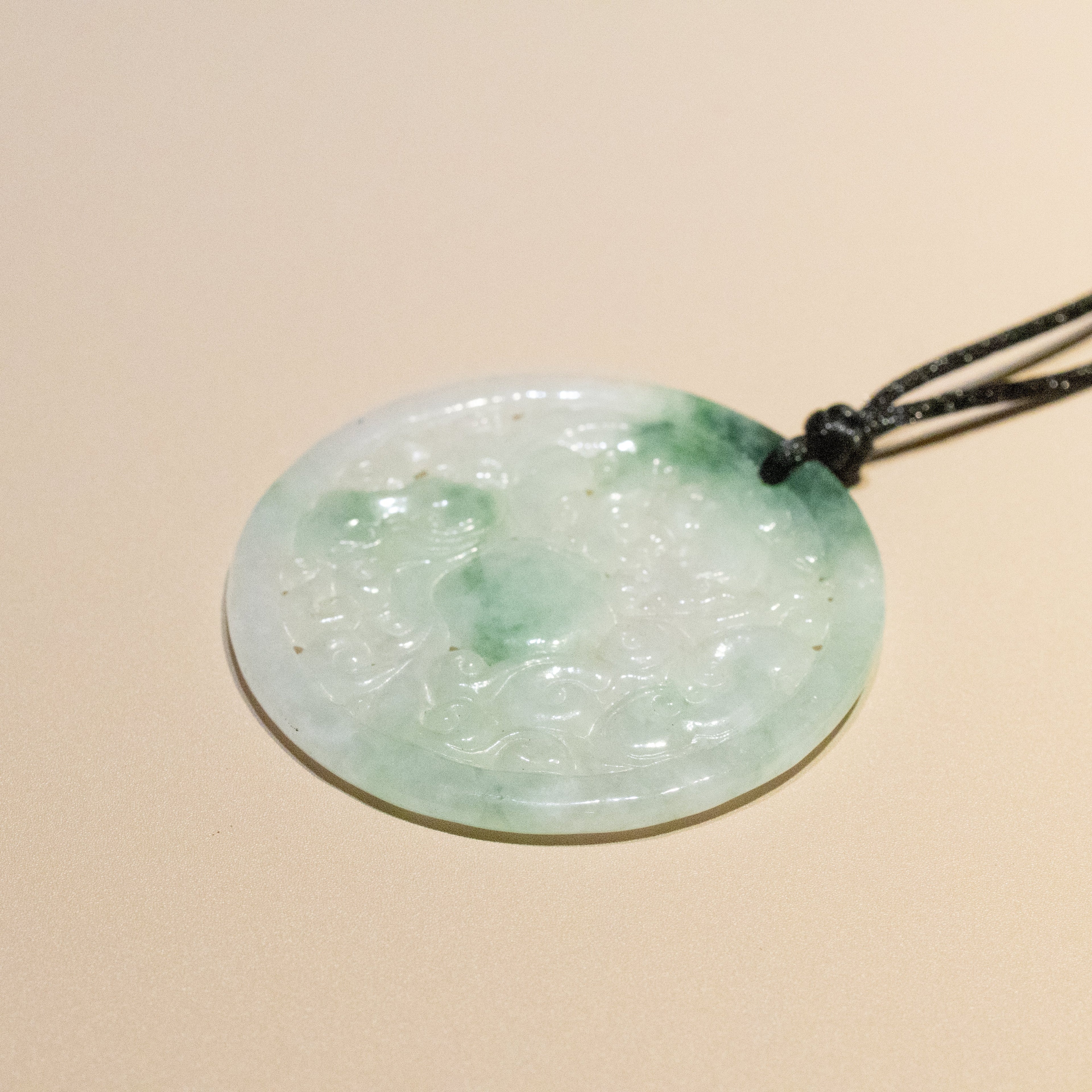 Genuine Green Jade Carved Dragon Round Pendant Necklace