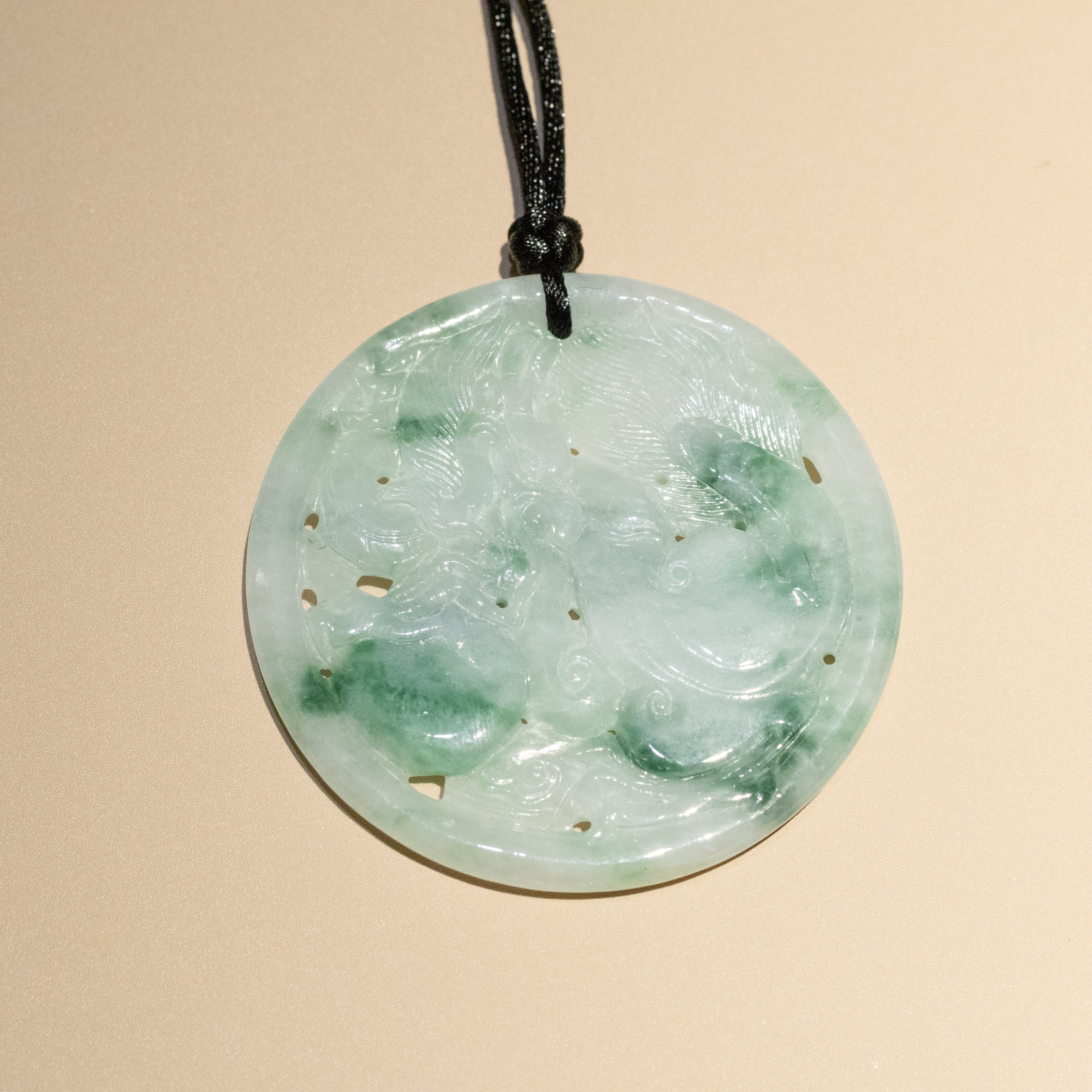 Genuine Green Jade Carved Dragon Round Pendant Necklace