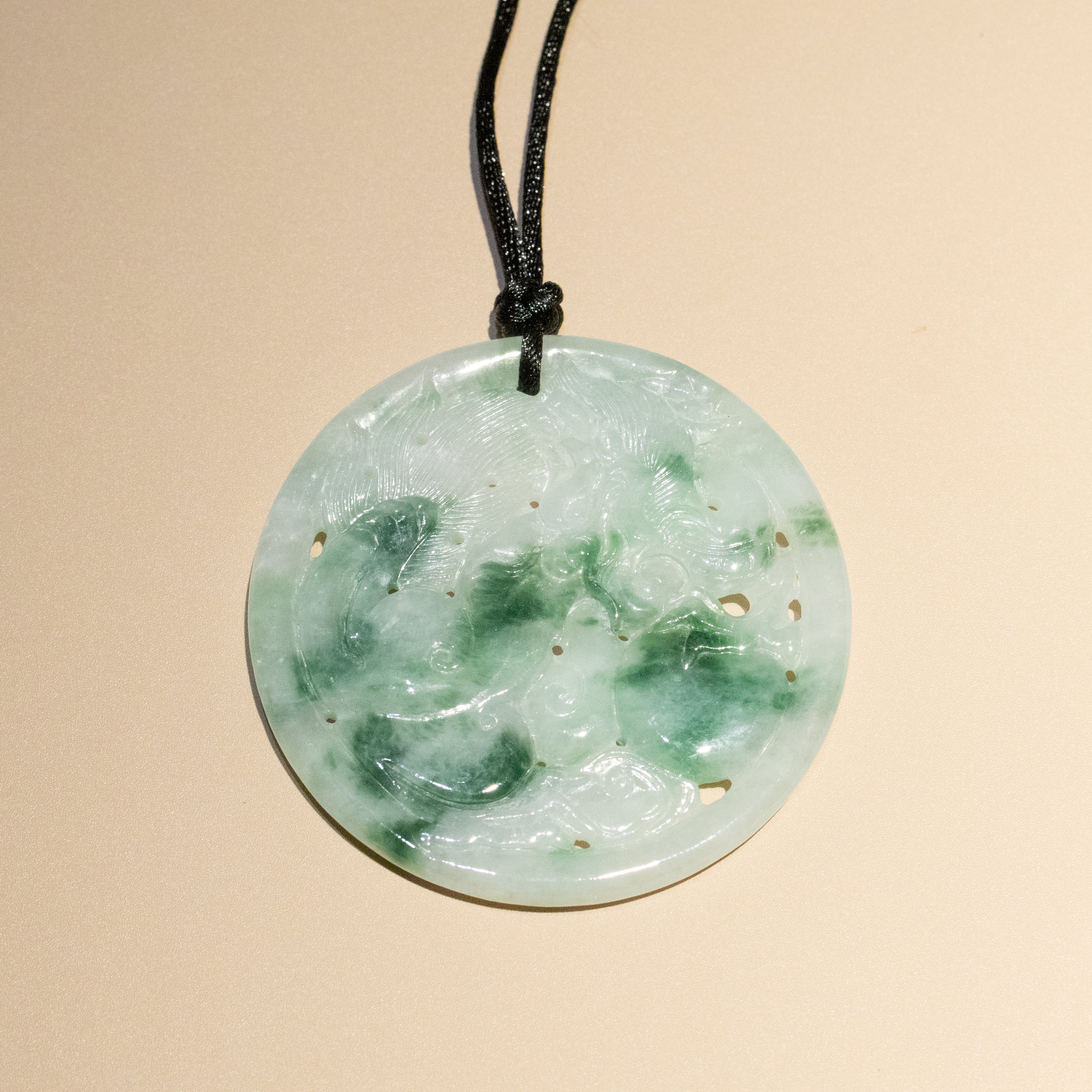 Genuine Green Jade Carved Dragon Round Pendant Necklace
