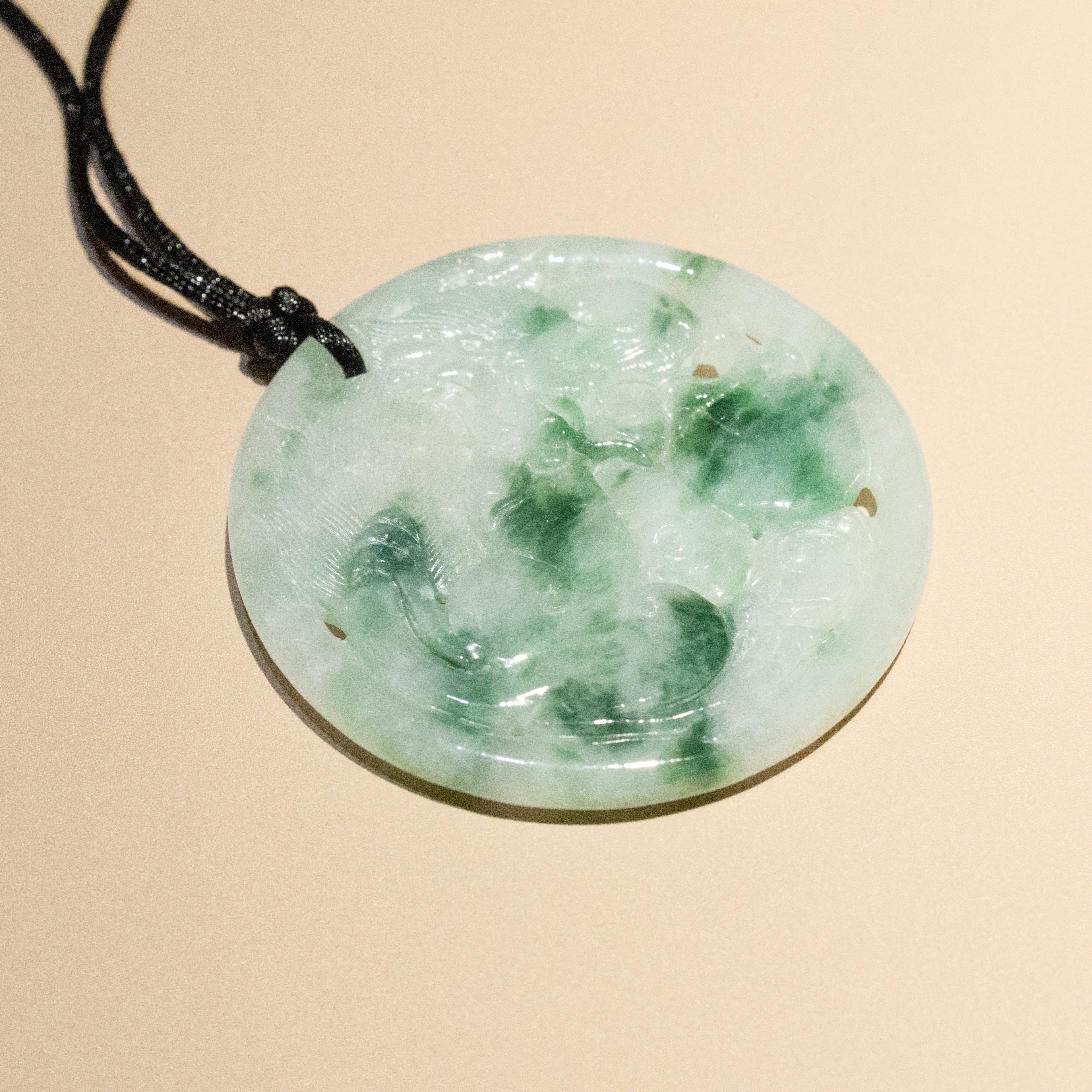 Genuine Green Jade Carved Dragon Round Pendant Necklace