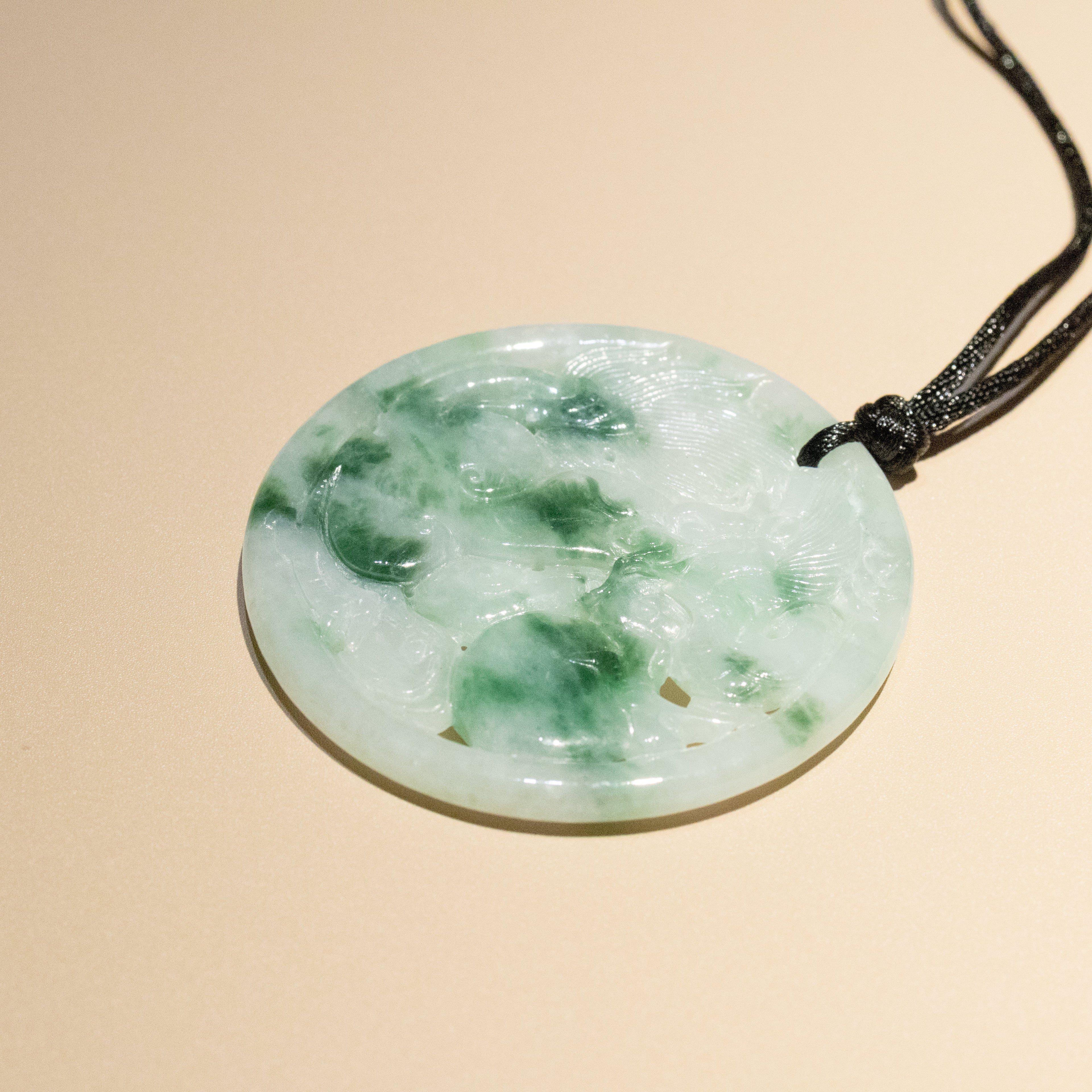 Genuine Green Jade Carved Dragon Round Pendant Necklace