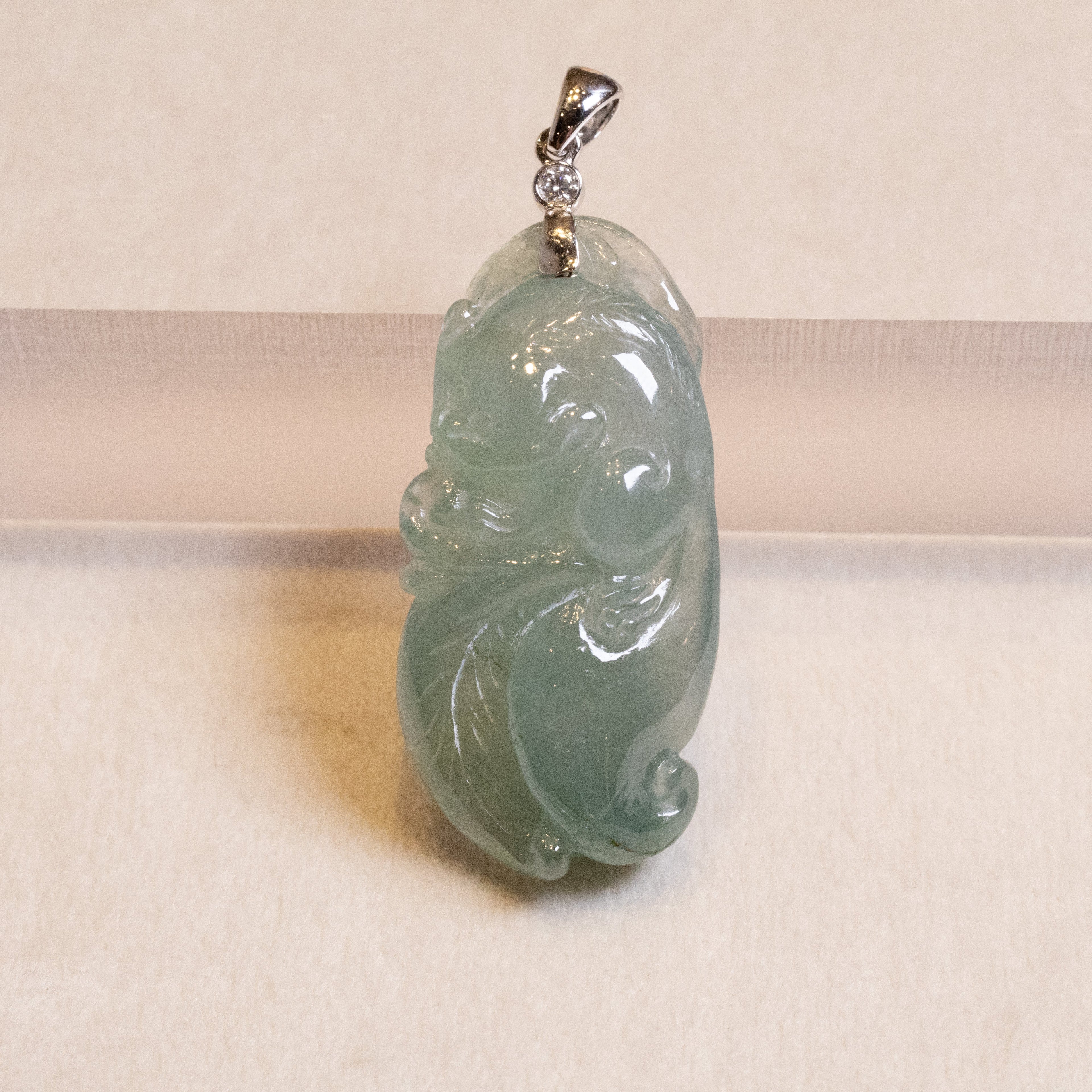 Exquisite Green Jade Lucky Rat and Ruyi Pendant with 18k White Gold Bail