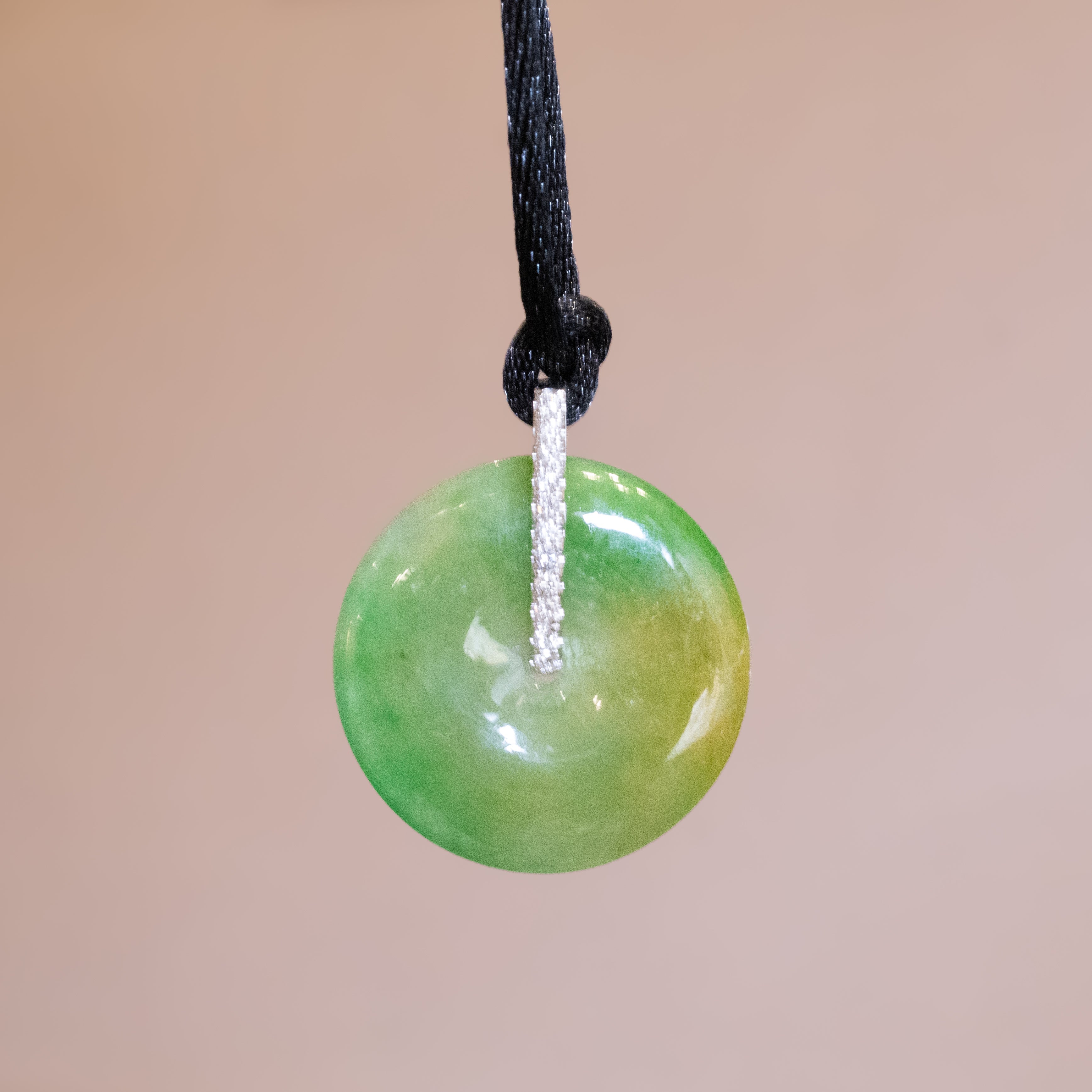 Green & Brown Jade Donut Pendant Necklace in 18K White Gold with Diamonds