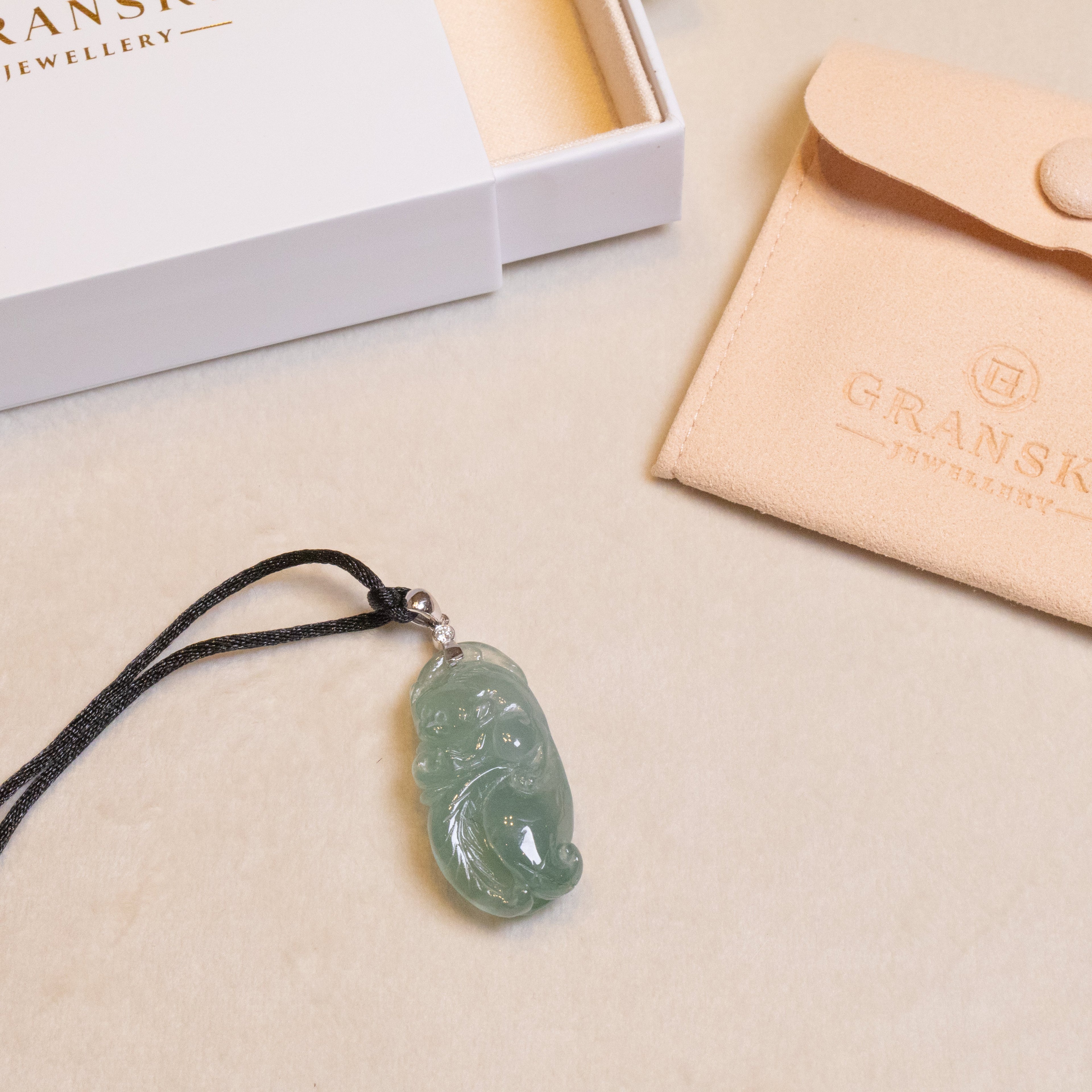 Exquisite Green Jade Lucky Rat and Ruyi Pendant with 18k White Gold Bail