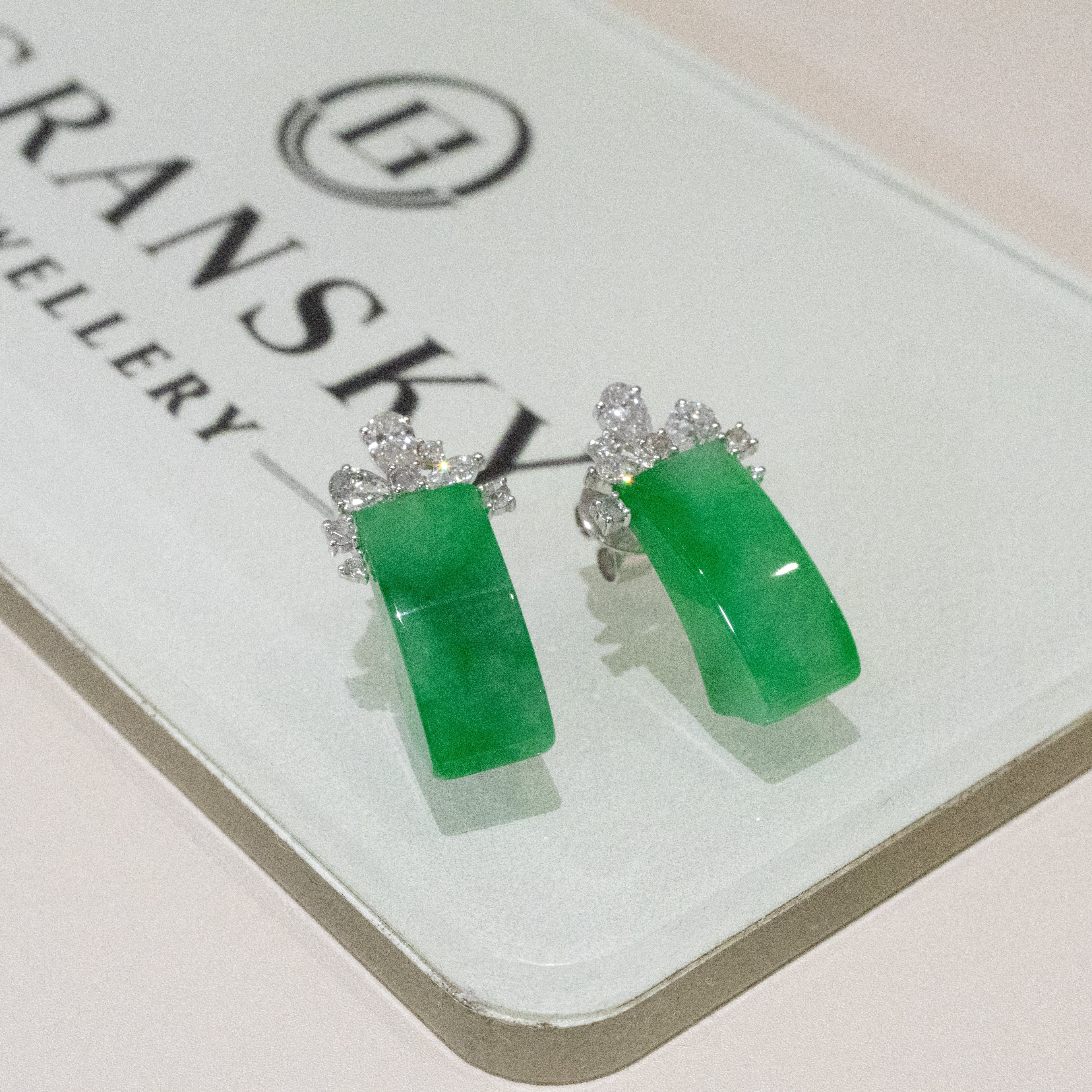 Gransky X Katherine Imperial Green Jade Stud Earrings with Diamonds