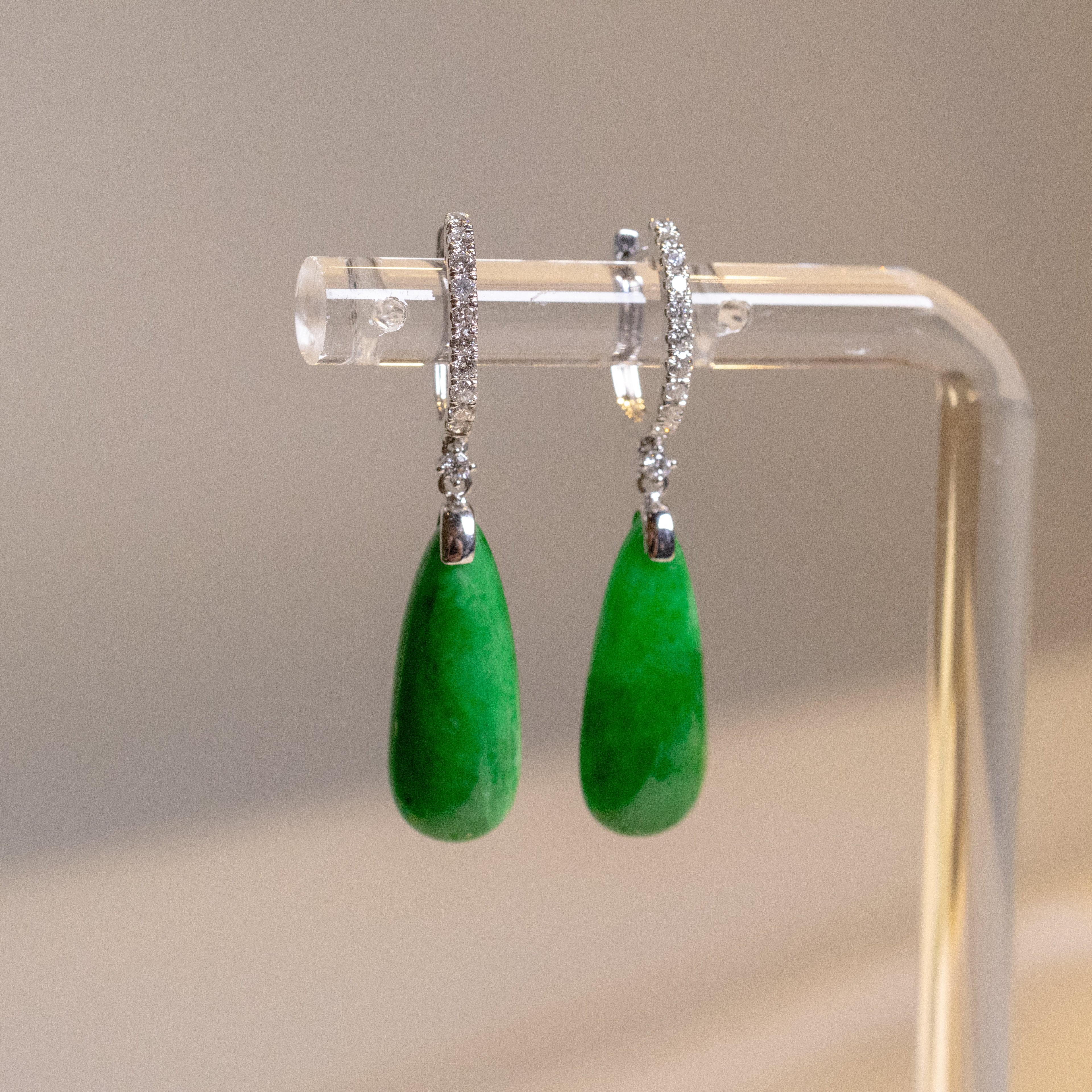 Gransky 18K White Gold and Diamonds Green Jade Drop Earrings