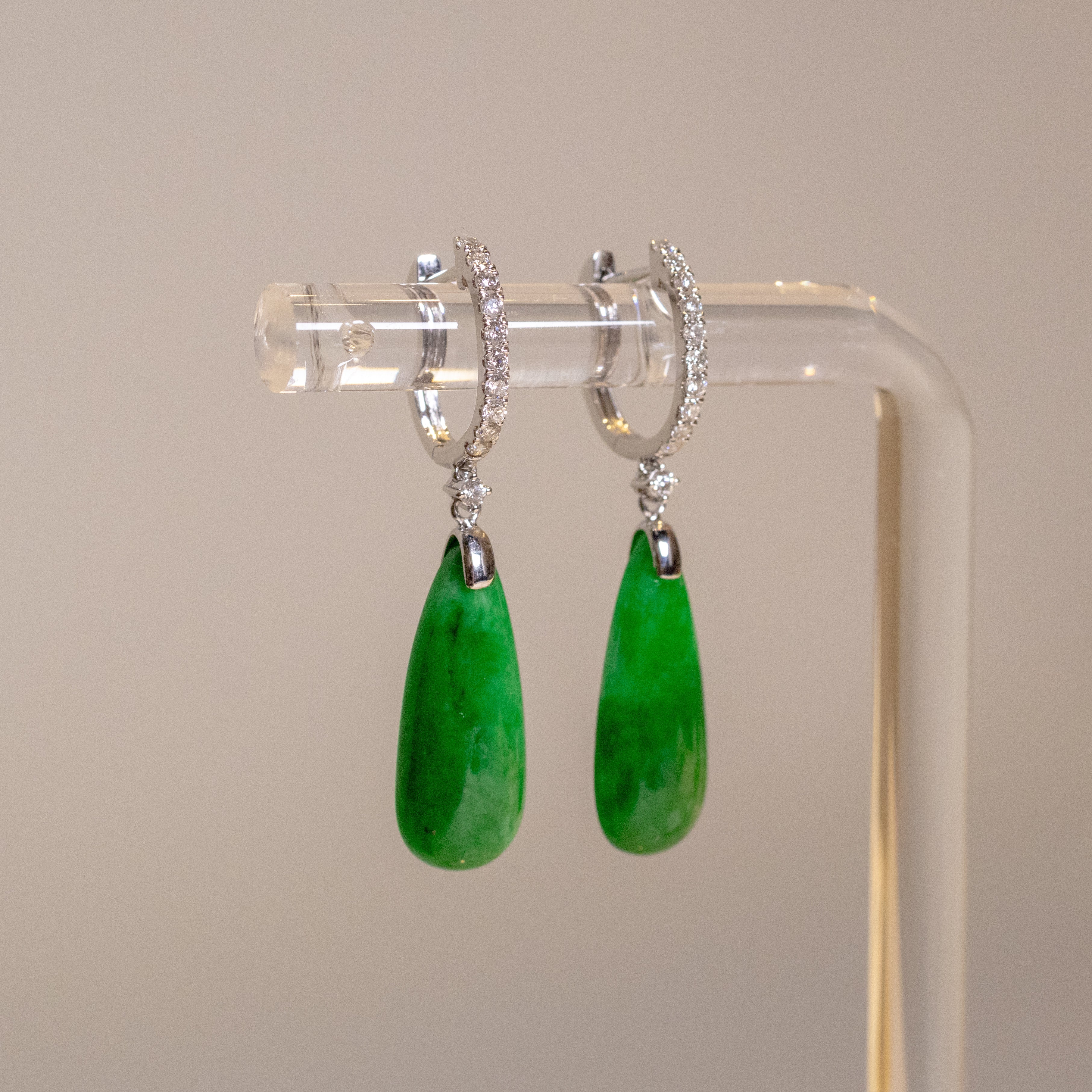 Gransky 18K White Gold and Diamonds Green Jade Drop Earrings