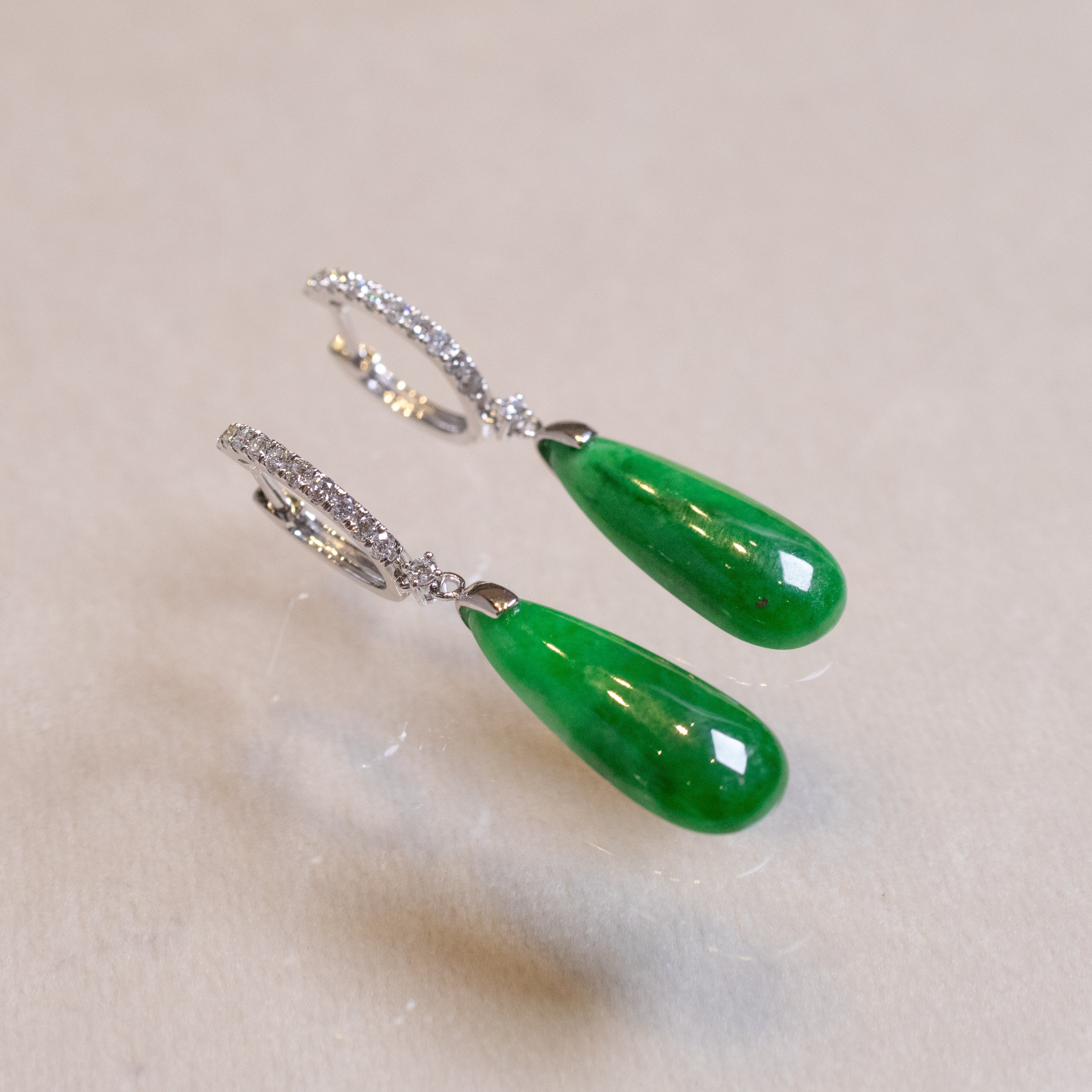 Gransky 18K White Gold and Diamonds Green Jade Drop Earrings