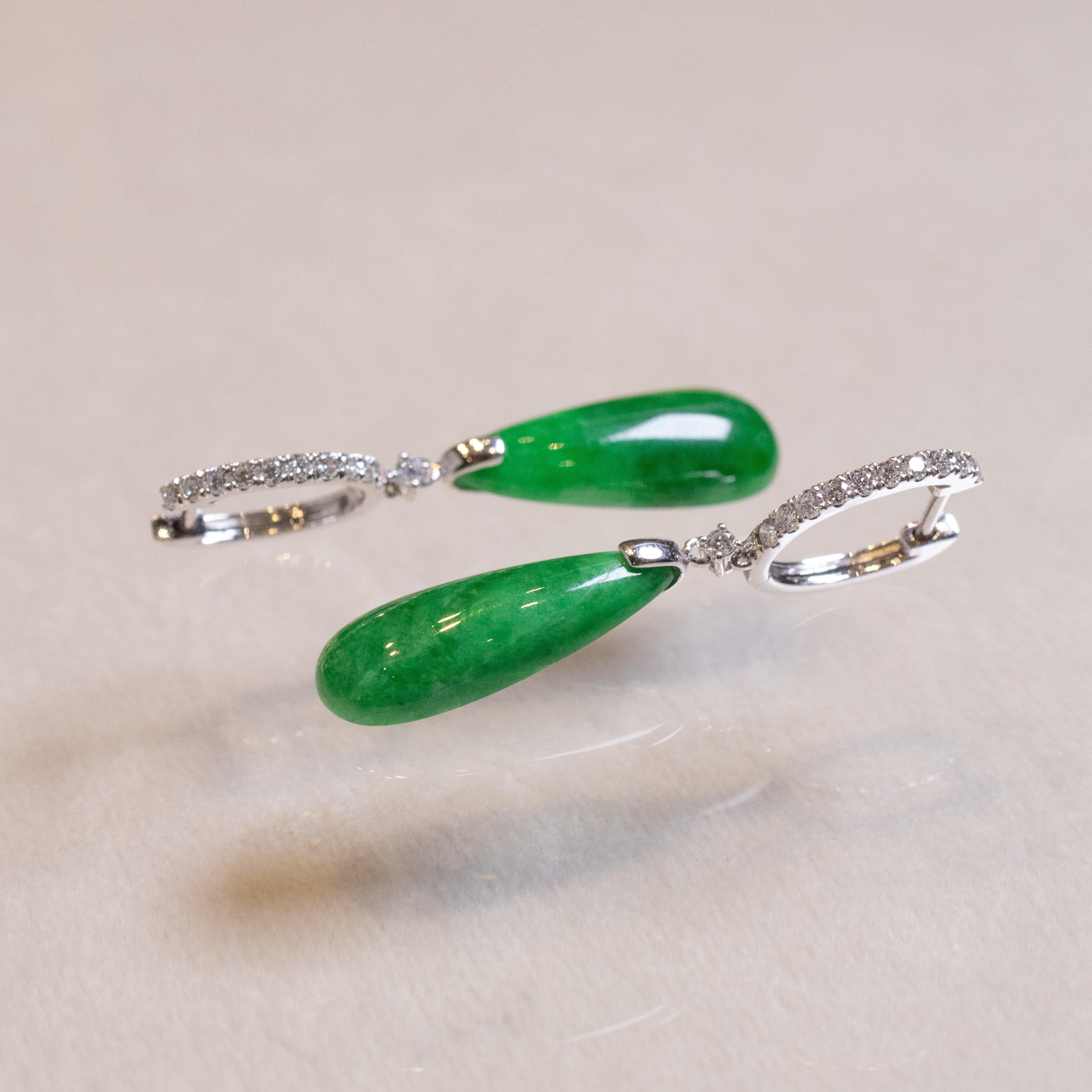 Gransky 18K White Gold and Diamonds Green Jade Drop Earrings