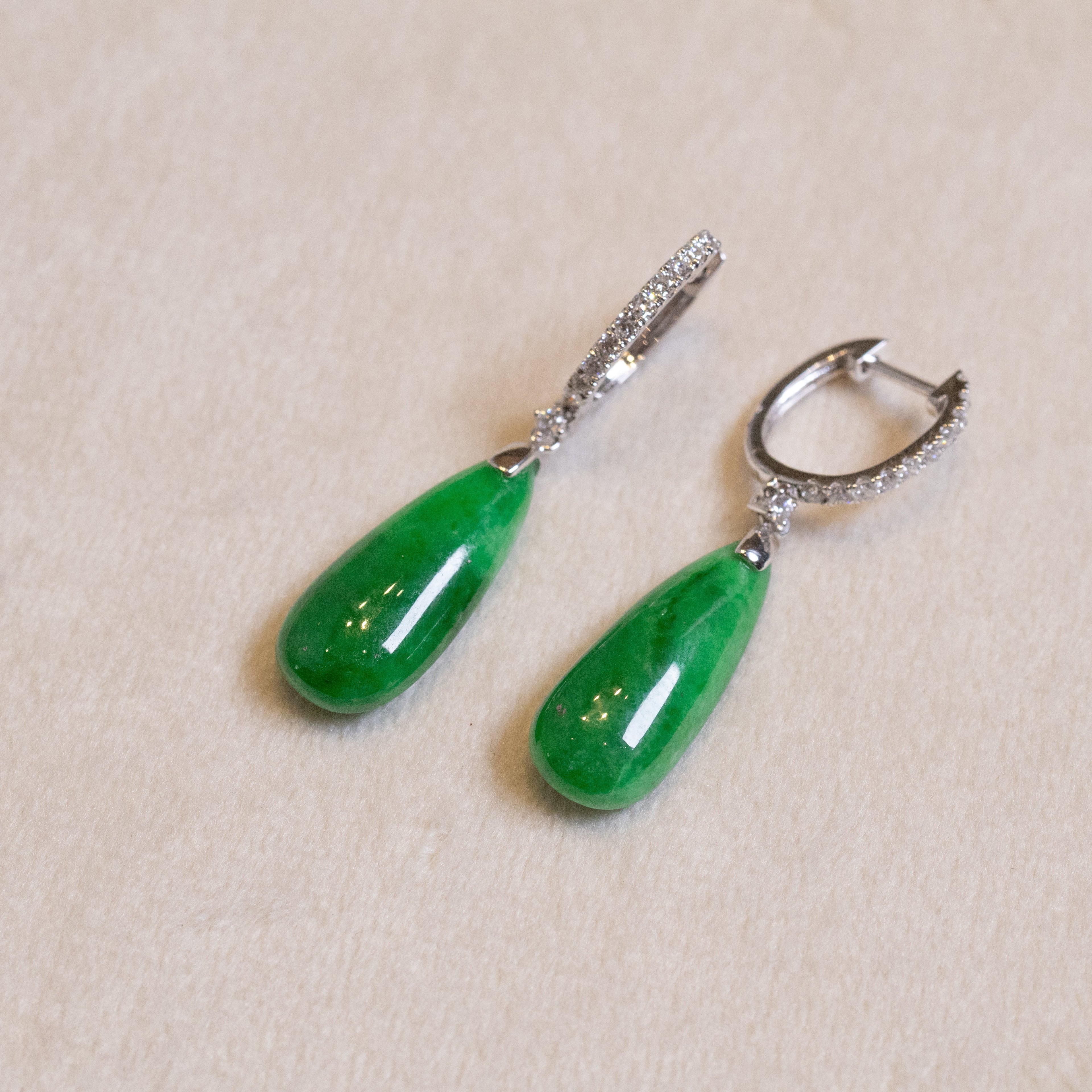 Gransky 18K White Gold and Diamonds Green Jade Drop Earrings