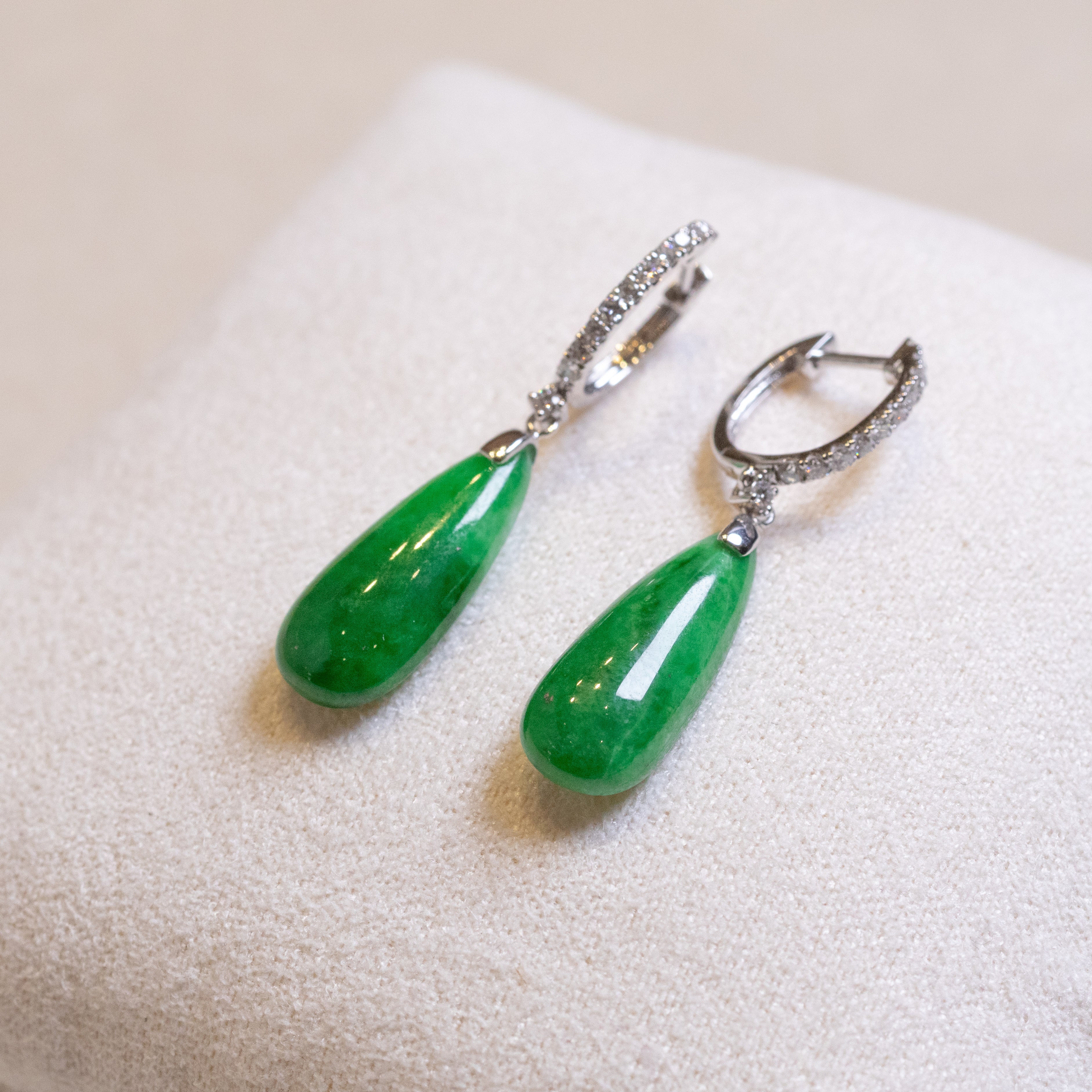 Gransky 18K White Gold and Diamonds Green Jade Drop Earrings