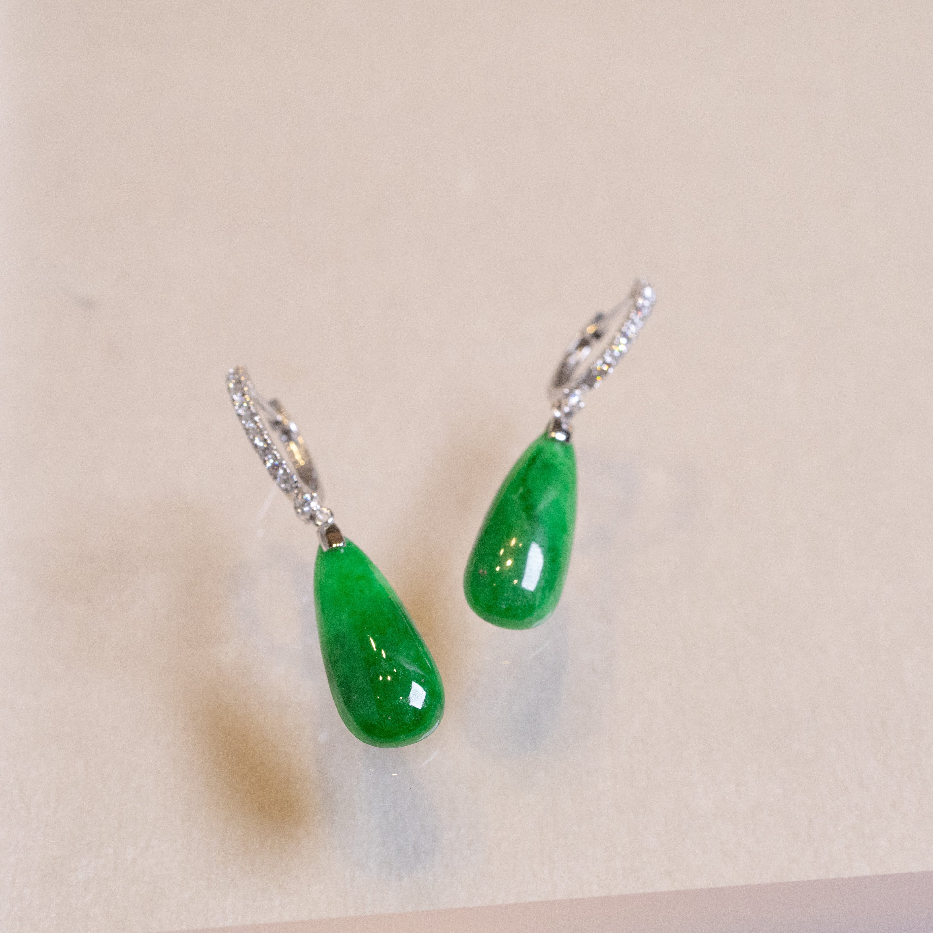 Gransky 18K White Gold and Diamonds Green Jade Drop Earrings
