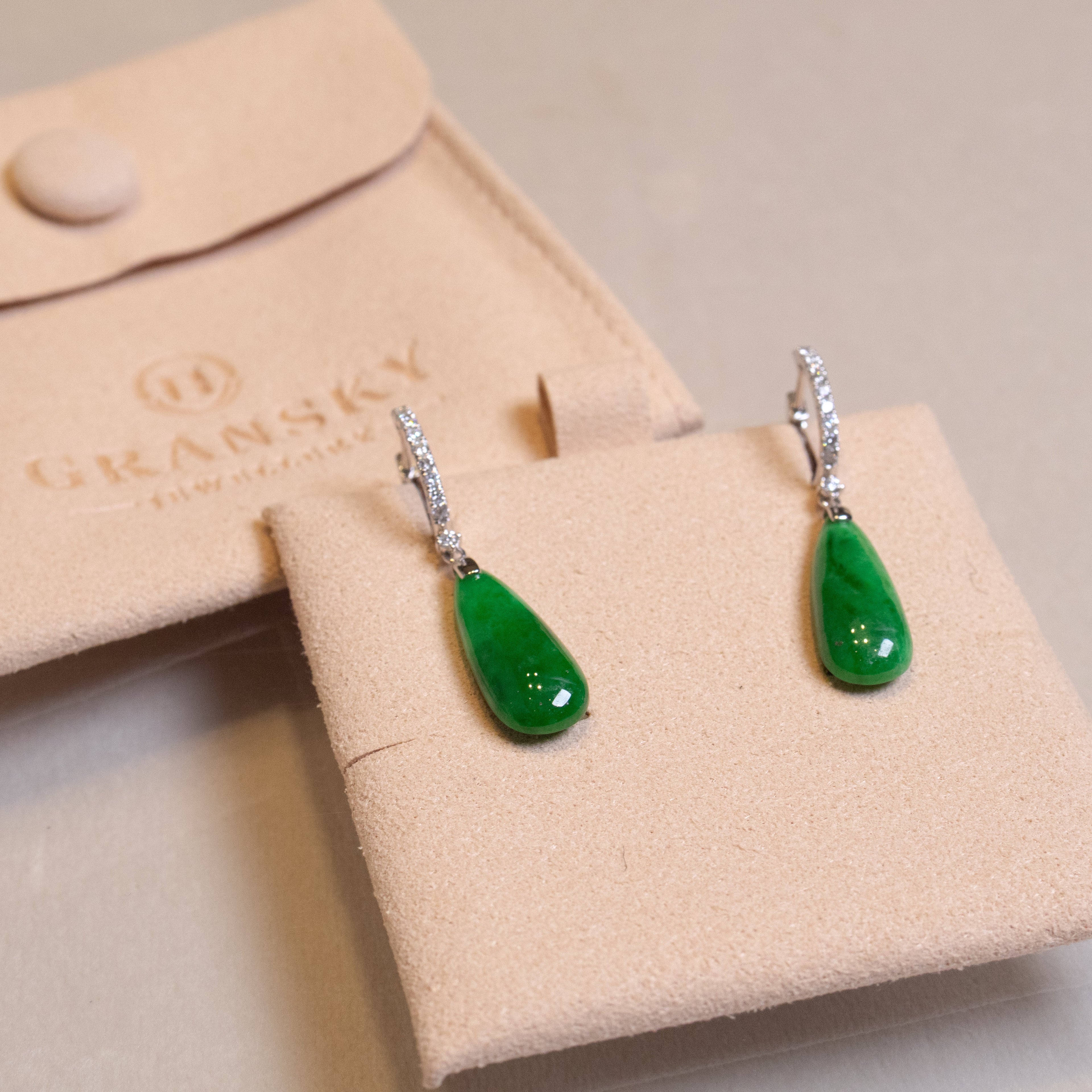 Gransky 18K White Gold and Diamonds Green Jade Drop Earrings