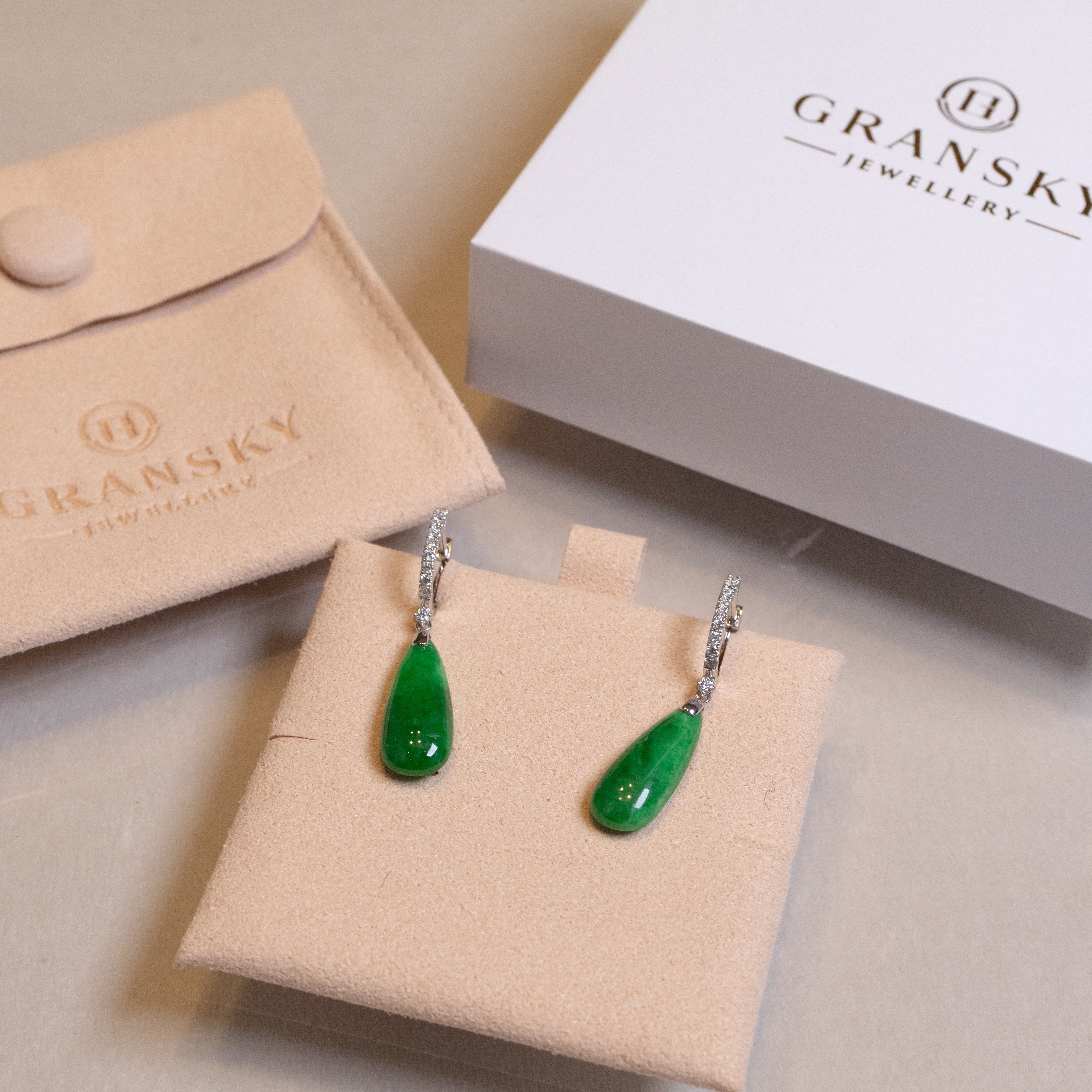 Gransky 18K White Gold and Diamonds Green Jade Drop Earrings