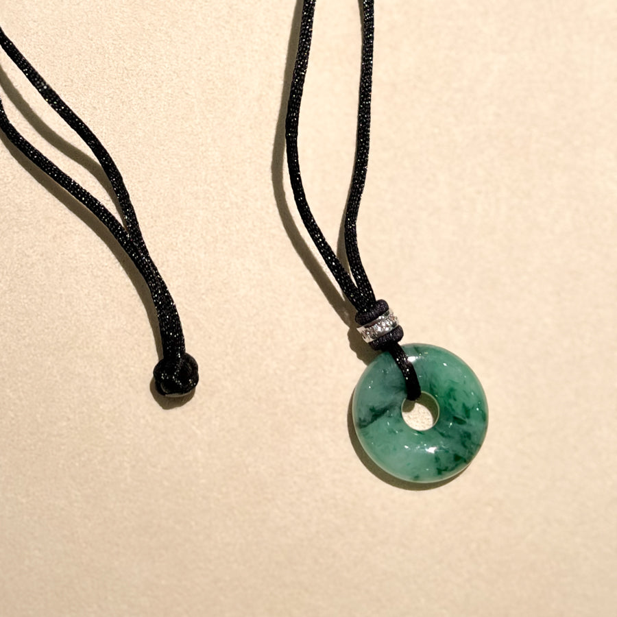 Green Jade Donut Pendant 20mm with Diamond & White Gold Bail | Natural Jade Necklace on Adjustable Black String
