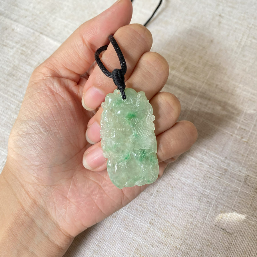 Natural Type-A Burmese Green Jadeite Pendant - Ruyi & Lotus Carving