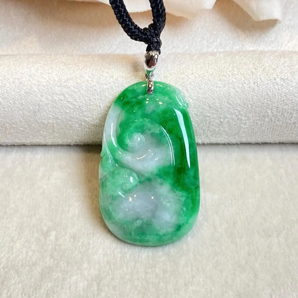 Natural Green Ruyi Jade Pendant - 18k White Gold Bail