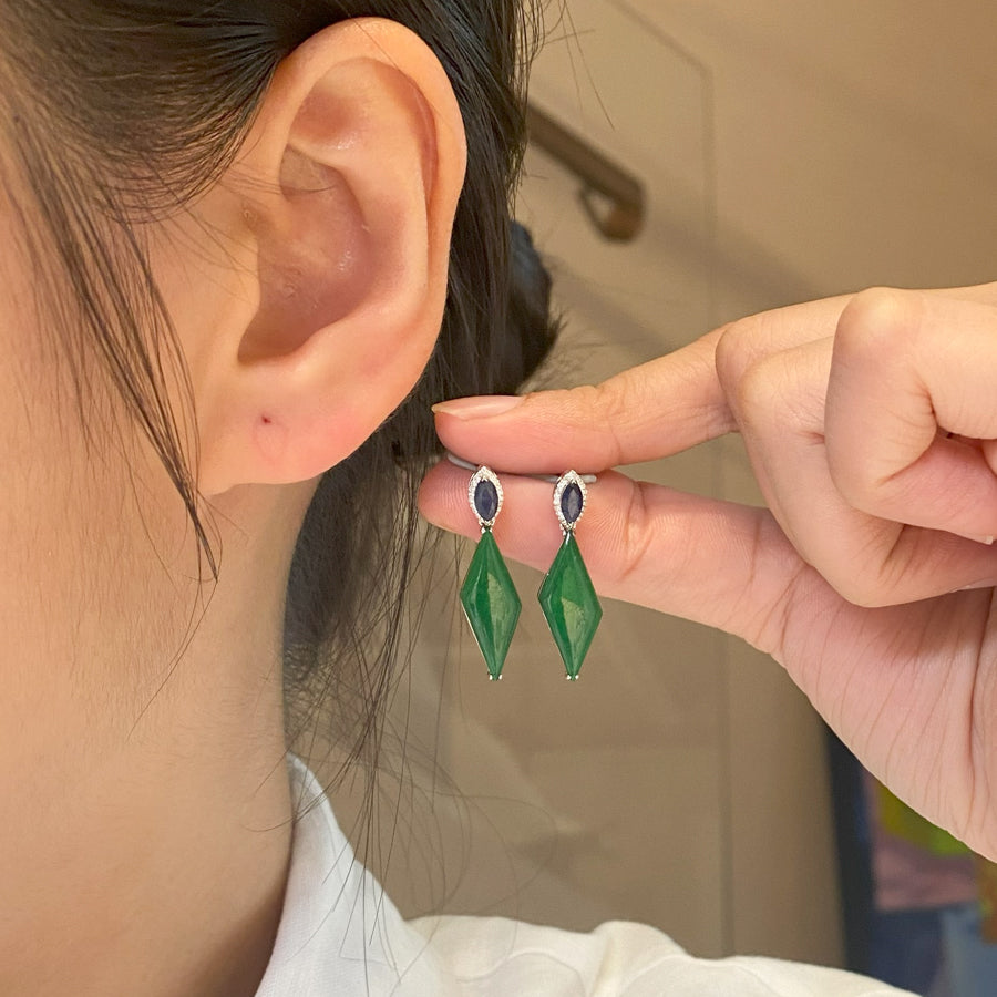 Natural Intense Green Jade Drop Earrings - 18K White Gold Diamonds Sapphire
