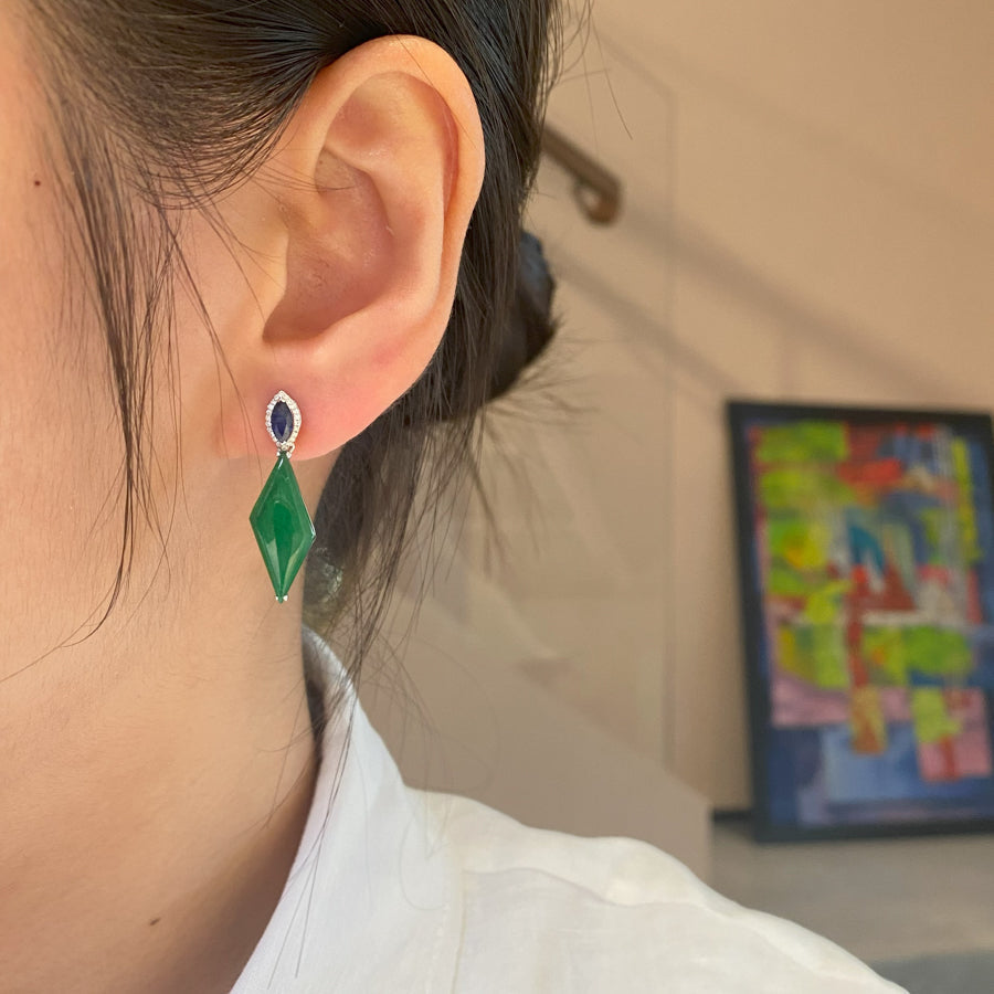 Natural Intense Green Jade Drop Earrings - 18K White Gold Diamonds Sapphire