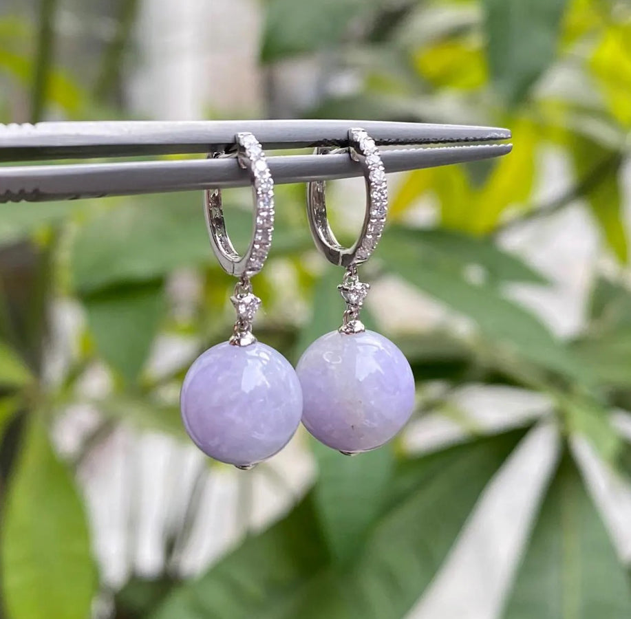 18k White Gold Diamonds Intense Purple Bead Jade Drop Earrings