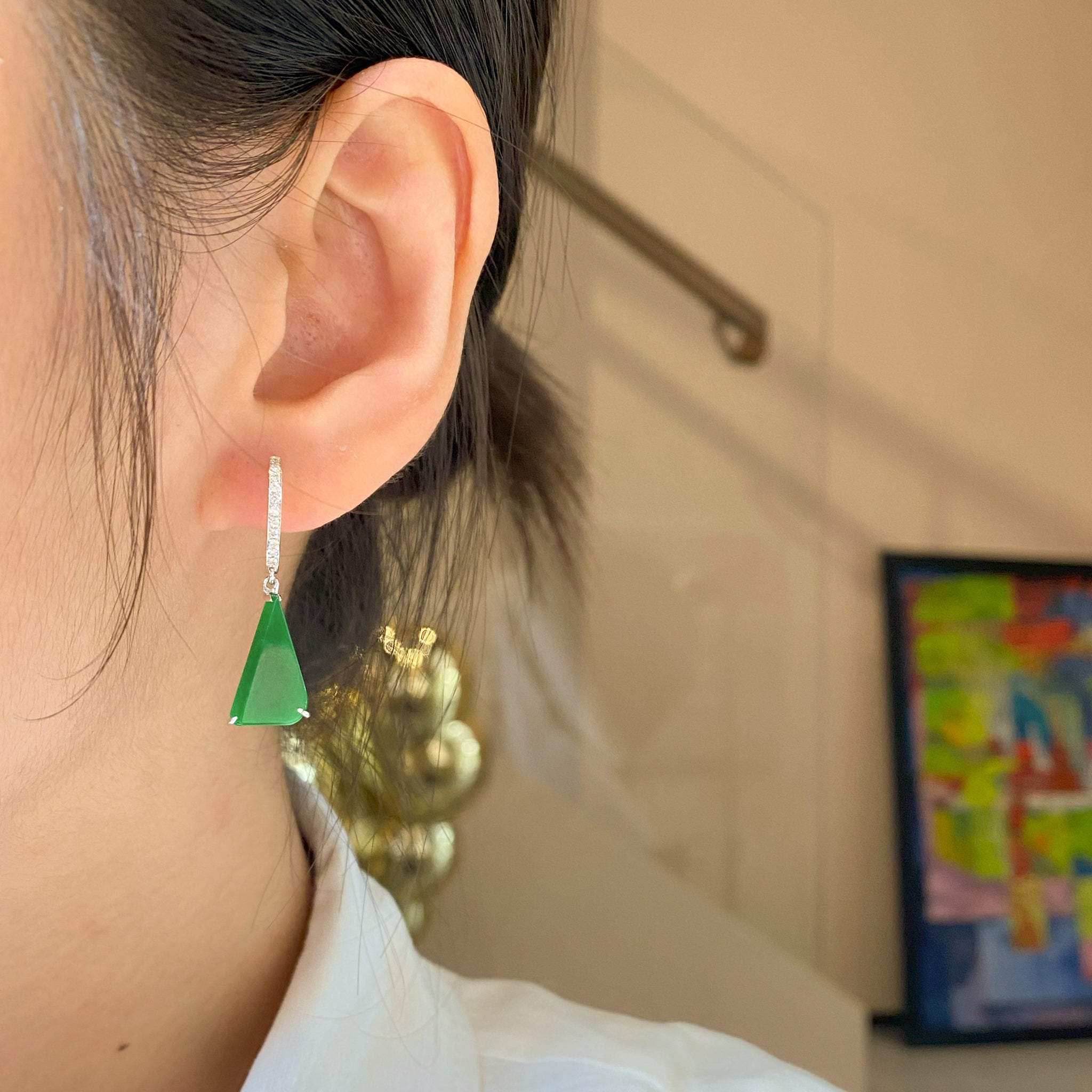 Natural Green Jade Drop Earrings 18K White Gold and Diamonds