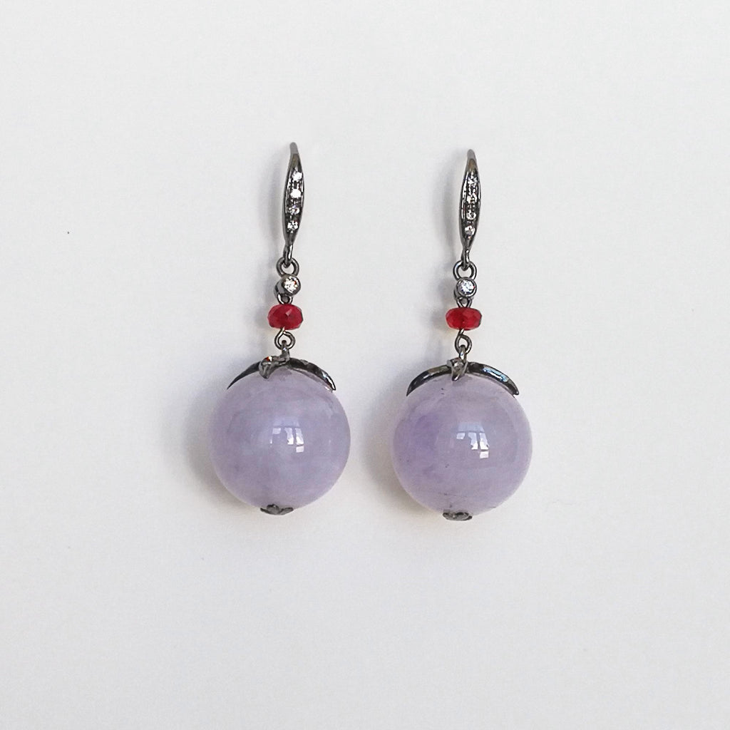 Gransky 18K Gold Lavender Jade Jewelry Purple Jade Bead Earrings with Rubies