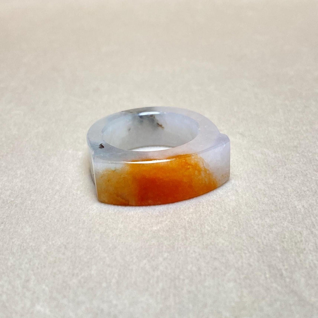 Natural Type-A Burmese Red Jade Saddle Ring – Rare Red & White Jade – Size 9.25