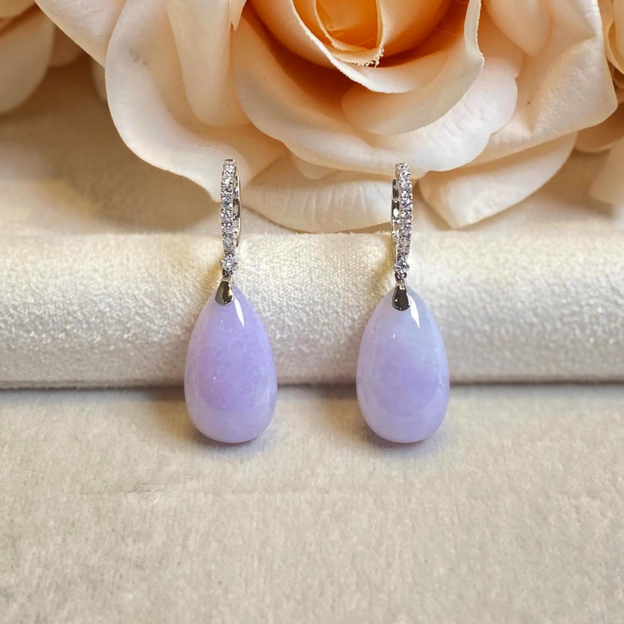 18k White Gold Diamonds Intense Purple Teardrop Jade Drop Earrings