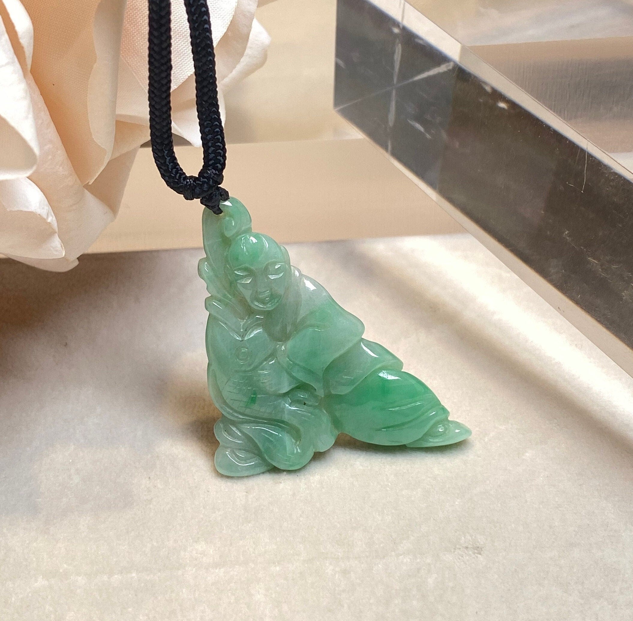 Handcrafted Green Jade Fisherman Catching Fish Pendant - Emblem of Peace and Serenity