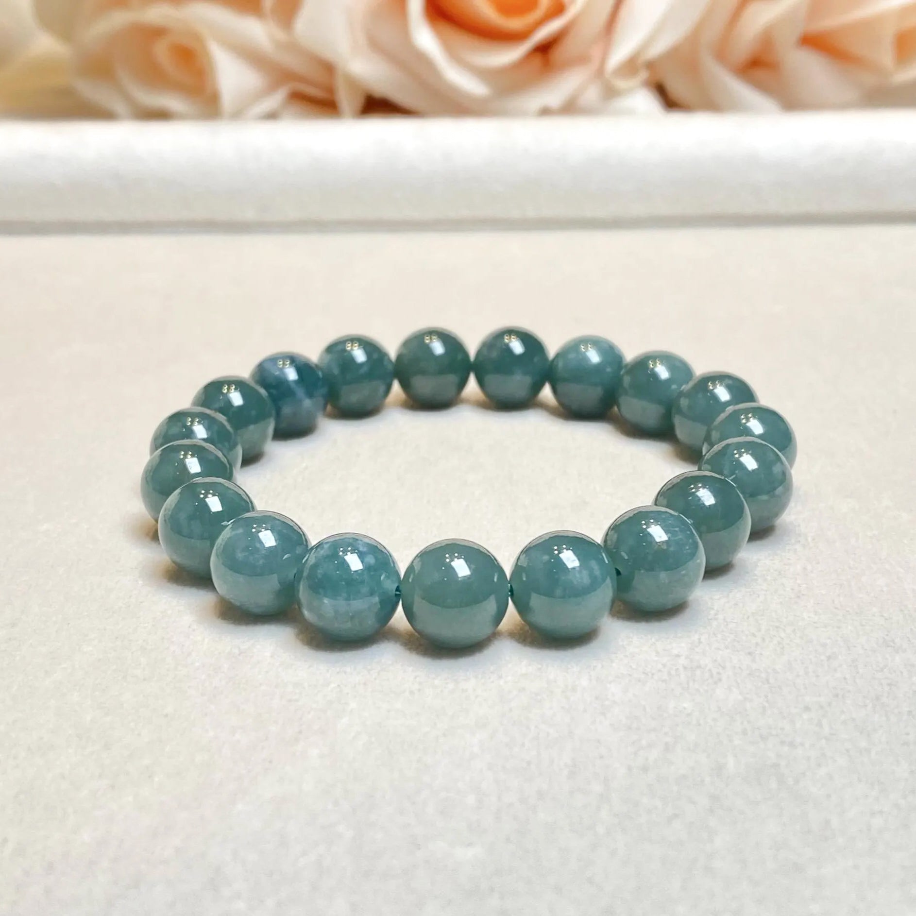 18cm Dark Green Beaded Bracelet, Type-A Burmese Jadeite