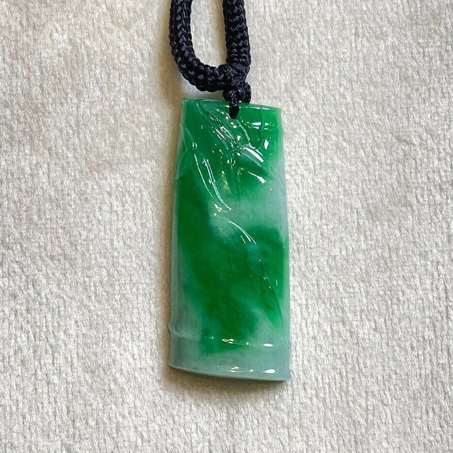 Bright Green Hand-Carved Bamboo Jade Pendant